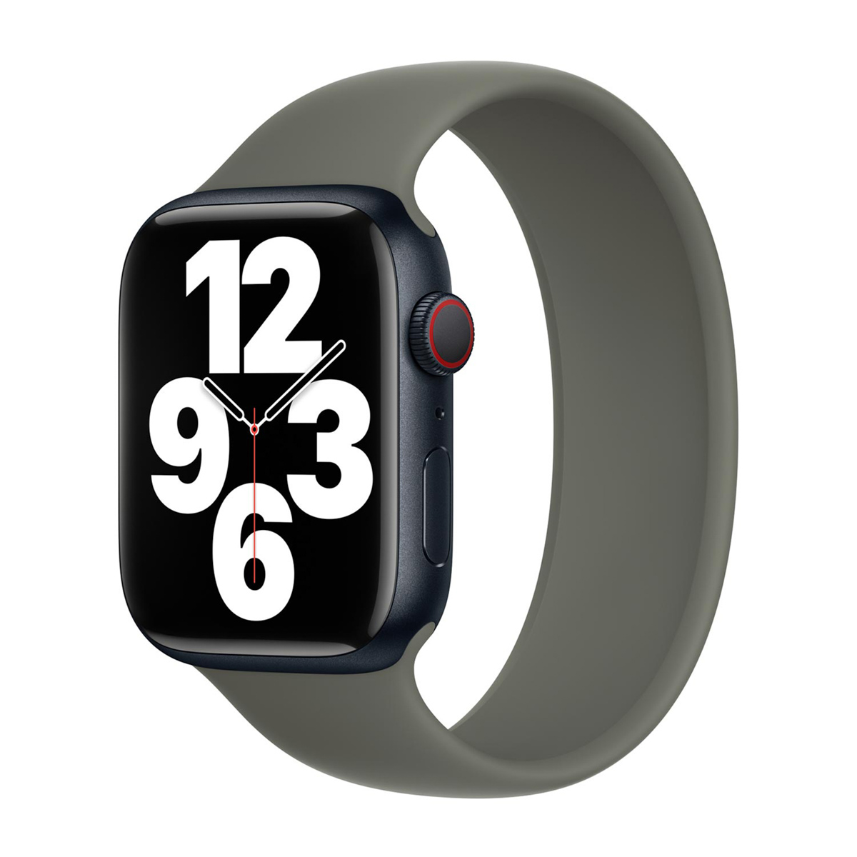 Een Apple Watch met een donkerblauwe behuizing en een grijze band. Het scherm toont de tijd. Het horloge heeft een rode knop.