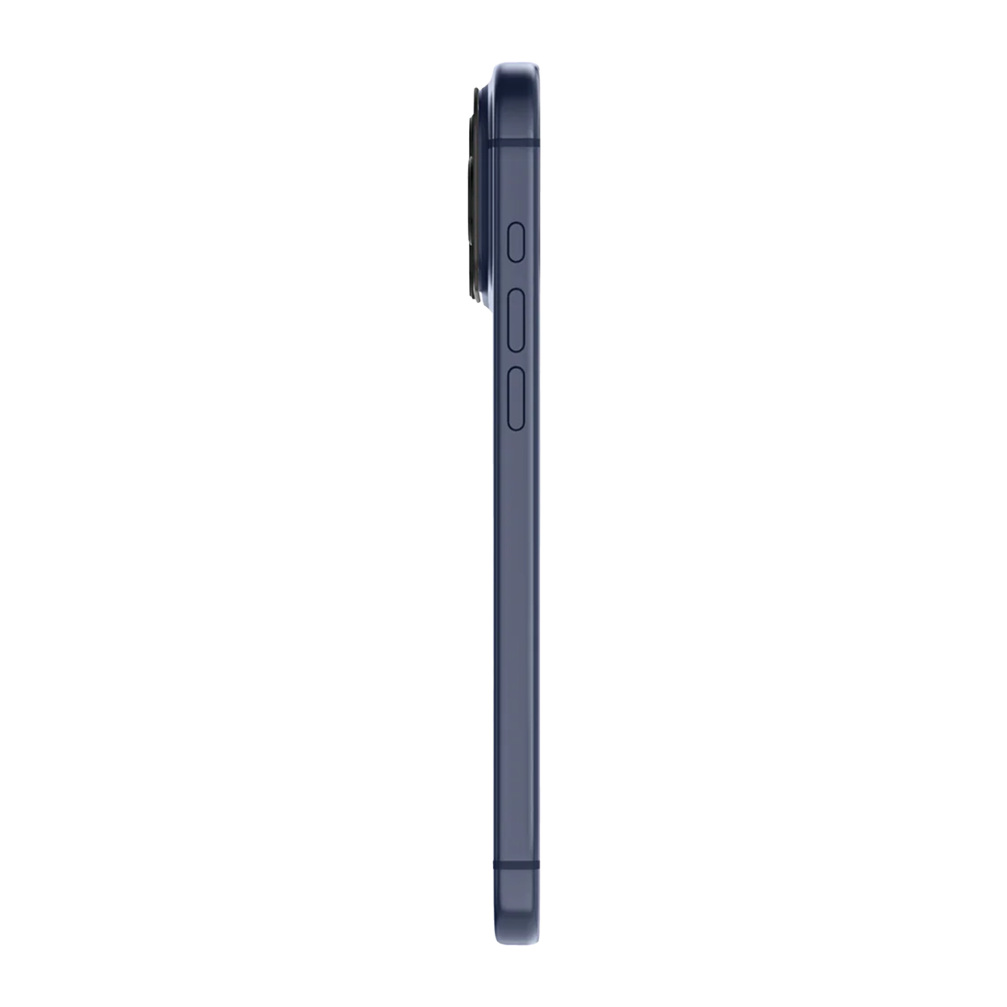 Zijaanzicht van een blauwe smartphone. Het heeft cameralenzen, volumeknoppen en een aan/uit-knop.