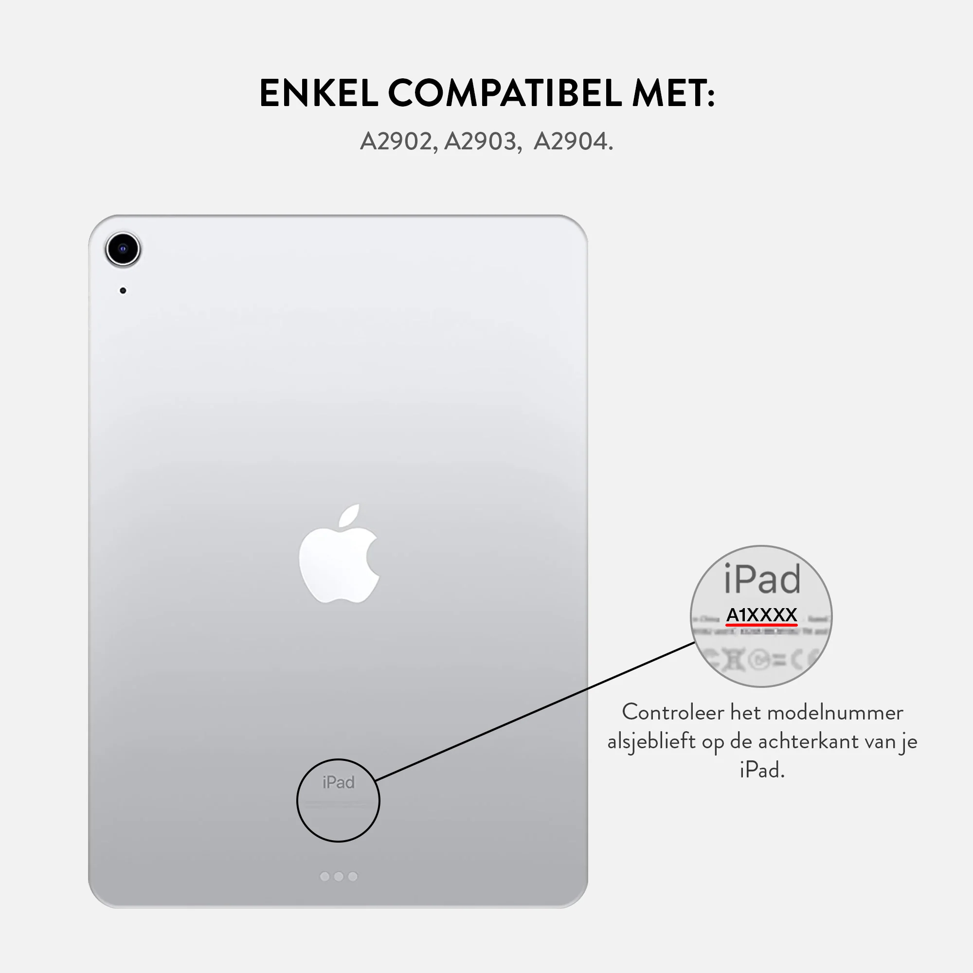 A white iPad with a camera and Apple logo. Text indicates compatibility and instructs model number check.