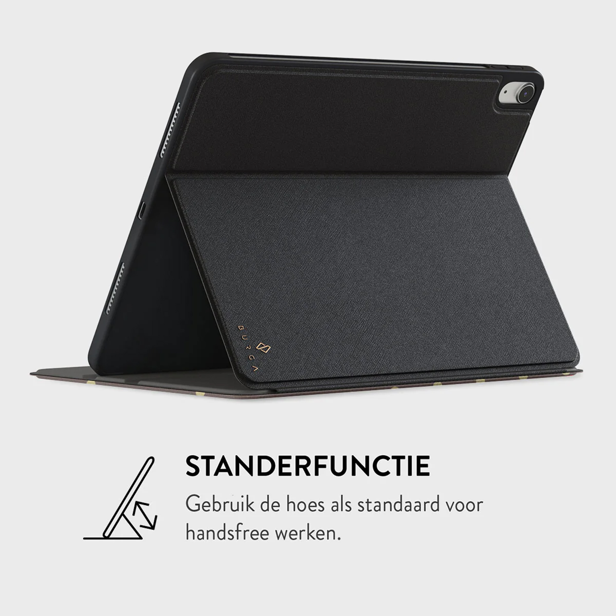 Black tablet case in stand mode. The case protects the tablet and allows hands-free use.