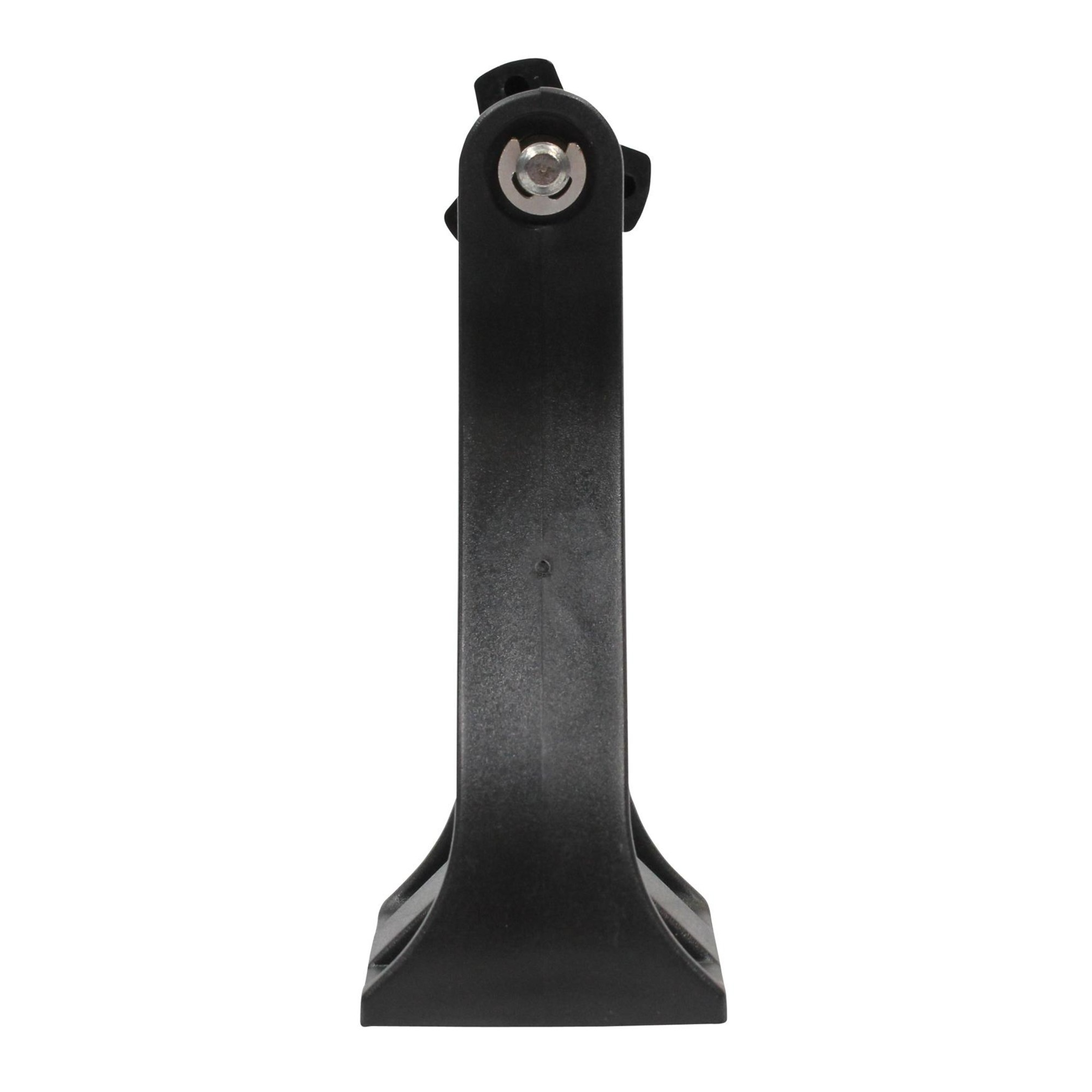 Eine schwarze Kunststoffhalterung, aufrecht, vor weißem Hintergrund. Es hat eine abgerundete Basis und eine Oberseite mit einer Metallschraube.