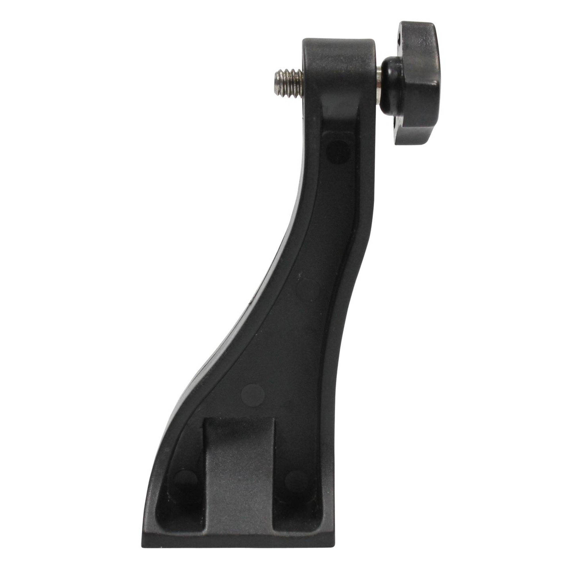 Eine schwarze Kamerahalterung. Sie hat eine Schraube, einen Knopf und einen gebogenen Arm mit einer Montagebasis. Weißer Hintergrund.