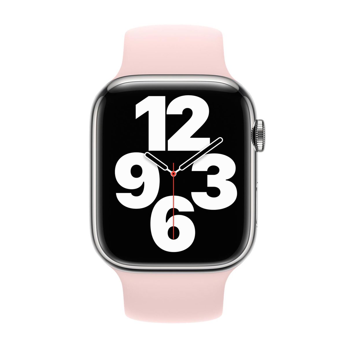 Srebrny Apple Watch z czarnym ekranem pokazującym godzinę. Posiada jasnoróżowy pasek.