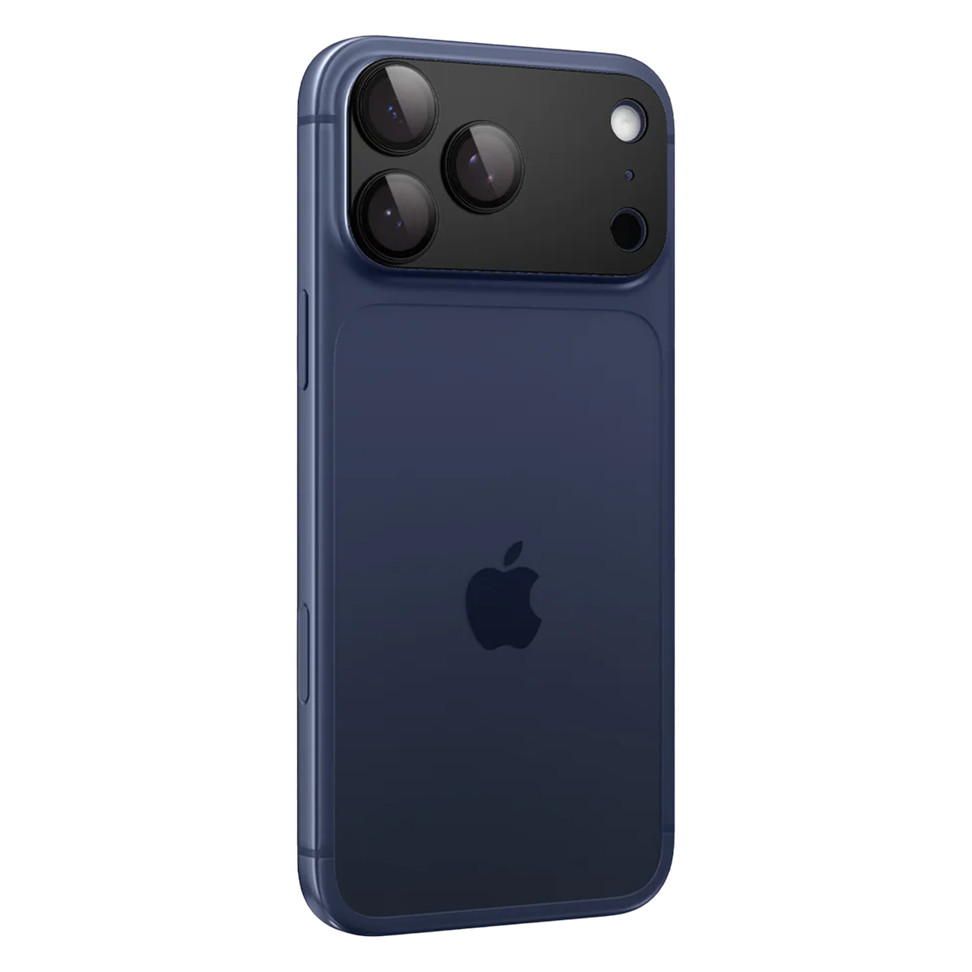 Een donkerblauwe iPhone, achteraanzicht, met drie camera's, een flitser en een Apple-logo. De telefoon staat op een witte achtergrond.