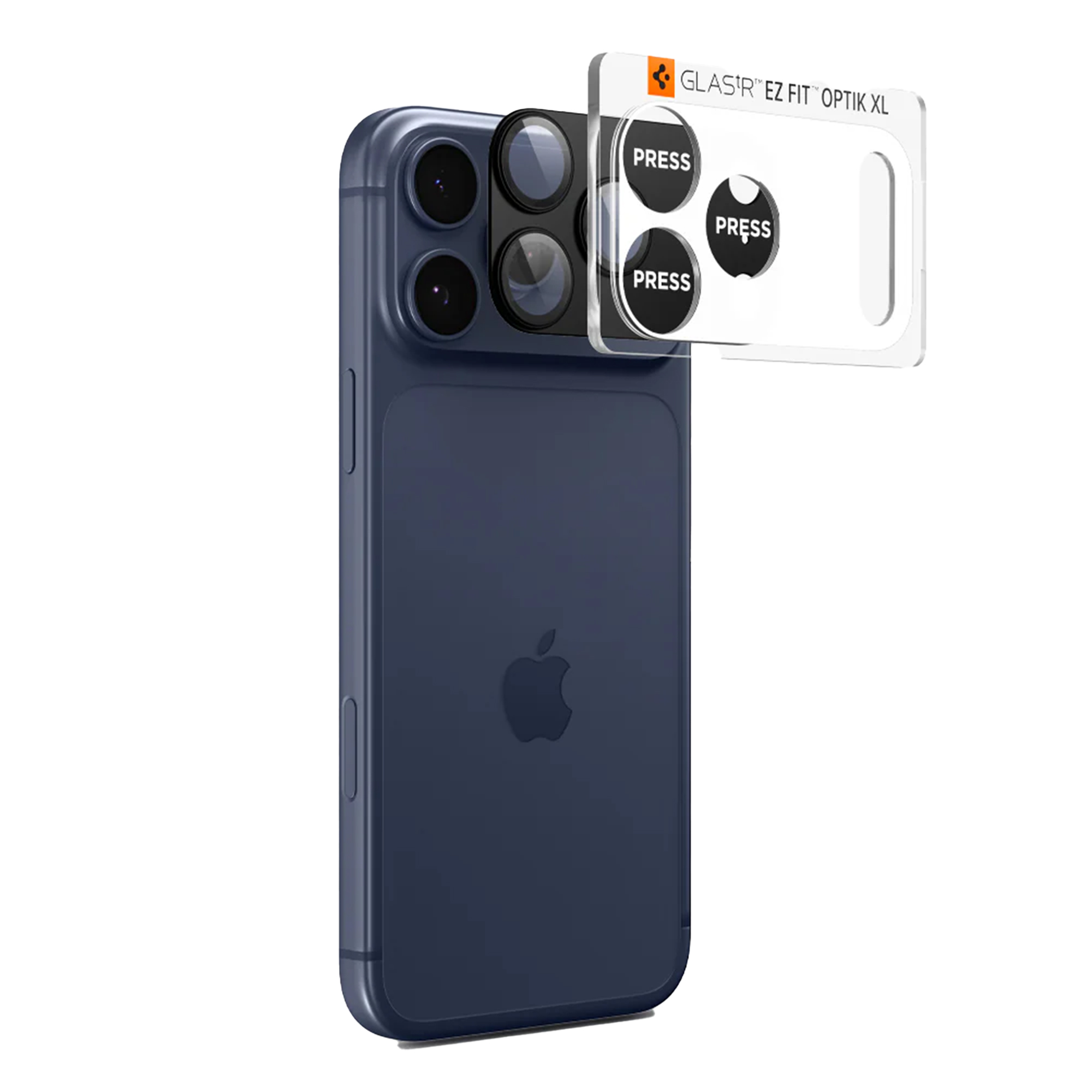 Blauwe iPhone met cameralensbeschermer. Beschermer heeft 'druk'-labels. Witte achtergrond.