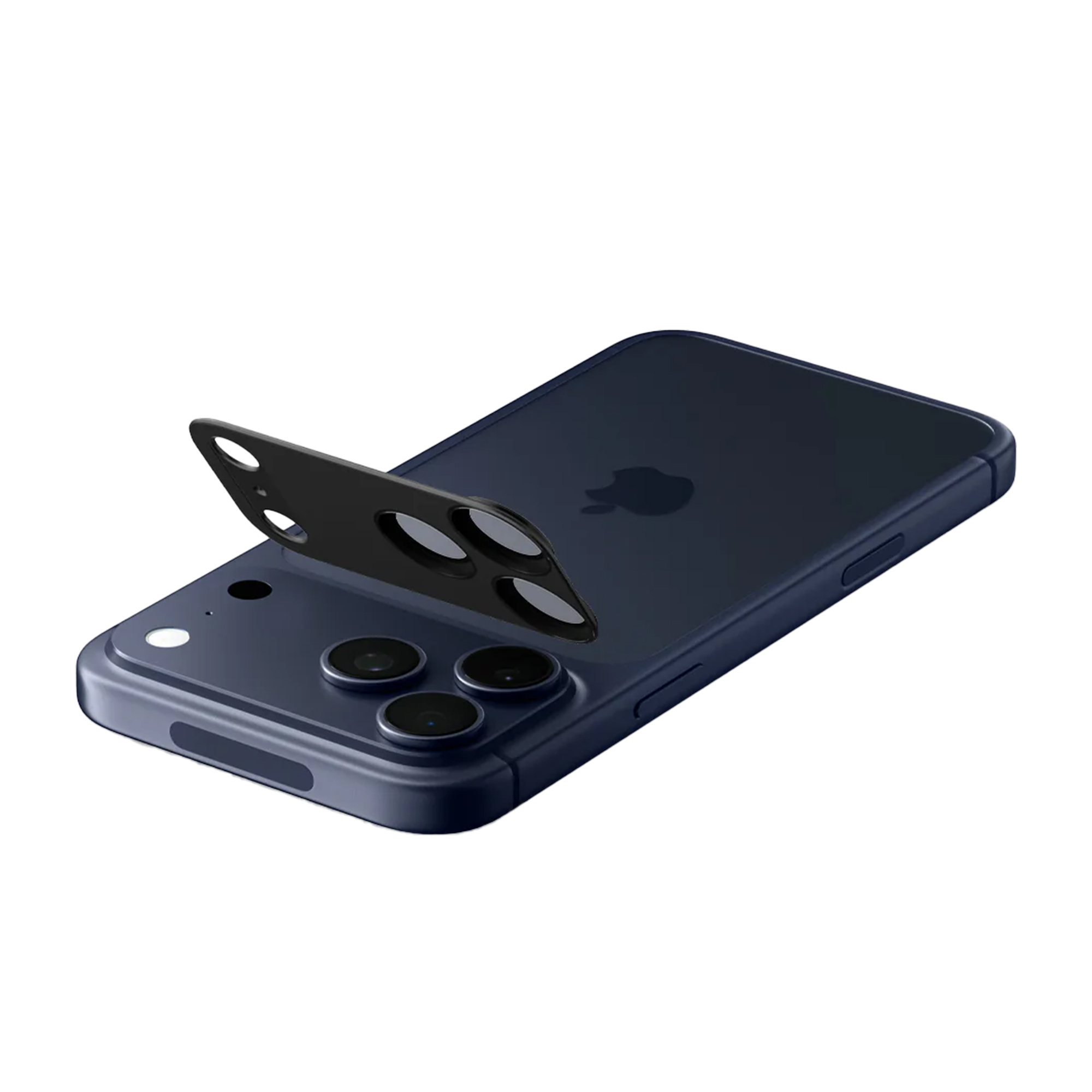 Een donkerblauwe iPhone met een zwarte cameralensbeschermer. De telefoon heeft drie cameralenzen. De achtergrond is wit.
