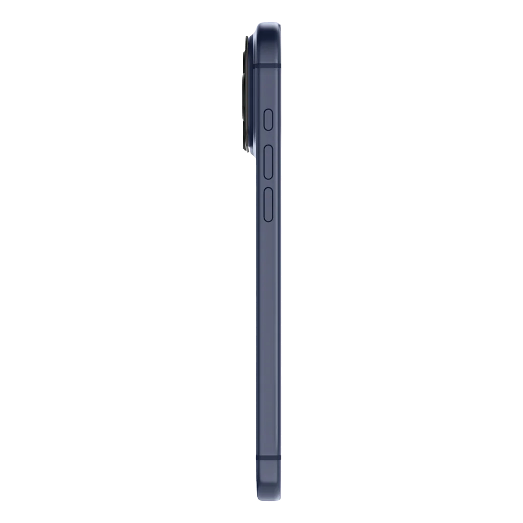 Zijaanzicht van een donkerblauwe smartphone. De camerabult is zichtbaar. Knoppen aan de rechterkant. Witte achtergrond.