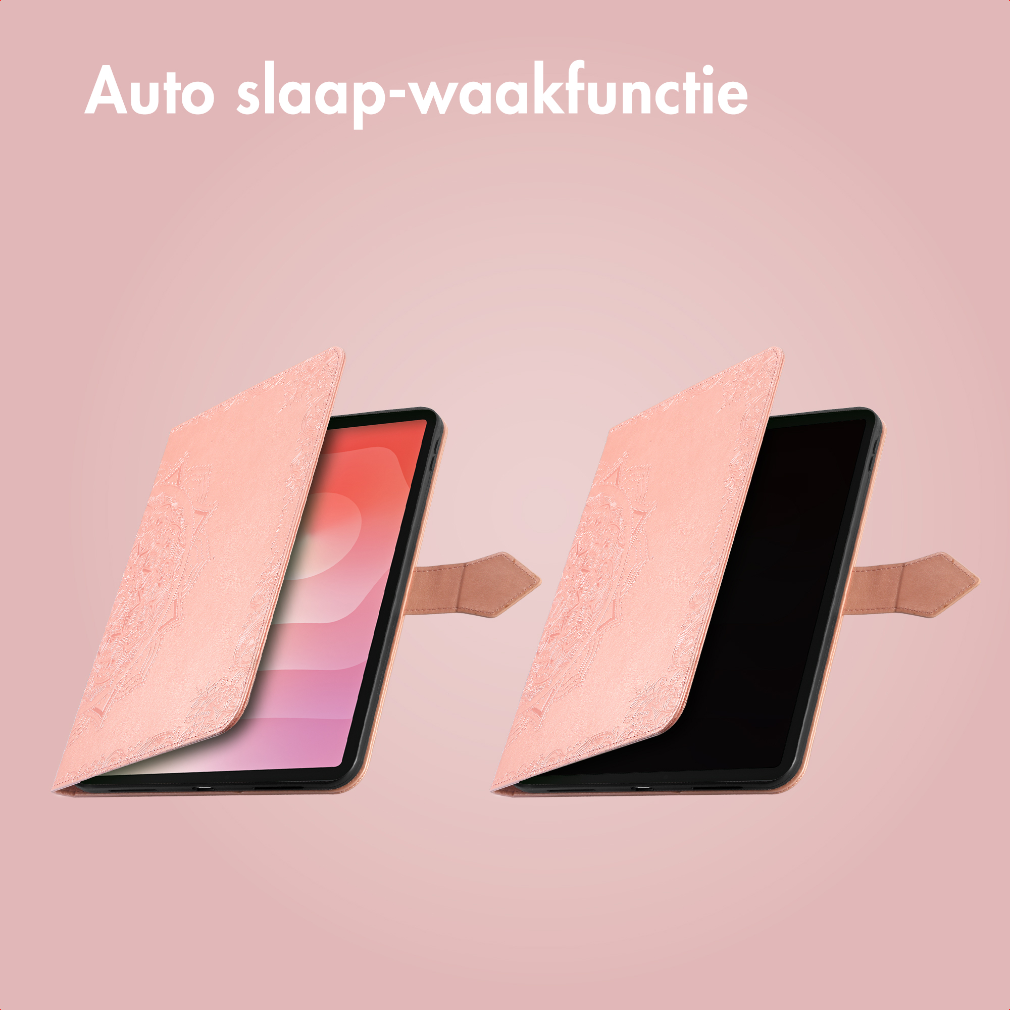 Two tablets in cases with the text 'Auto slaap-waakfunctie'. One screen is on, the other off.