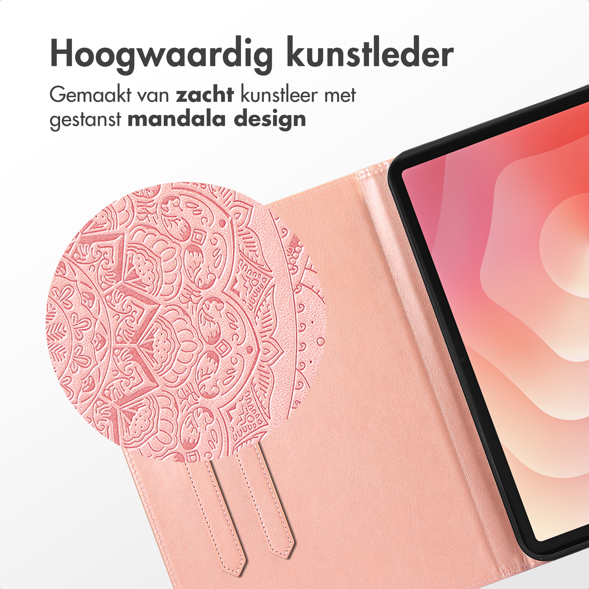 Pink leather tablet case with mandala design. Tablet visible. Soft pink leather with a detailed pattern. 