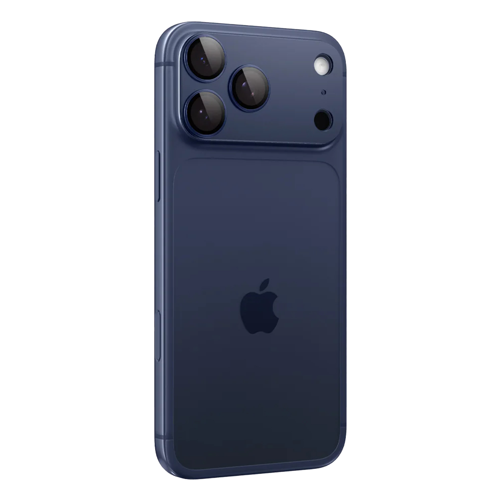 Een donkerblauwe smartphone met drie cameralenzen, een flitser en een Apple-logo op witte achtergrond.