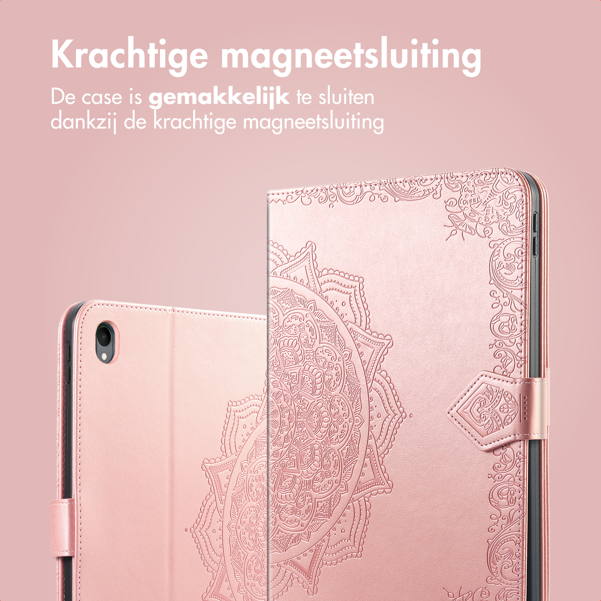 Pink tablet case with a mandala design, magnetic closure. Case is open, showing the inside and the tablet.