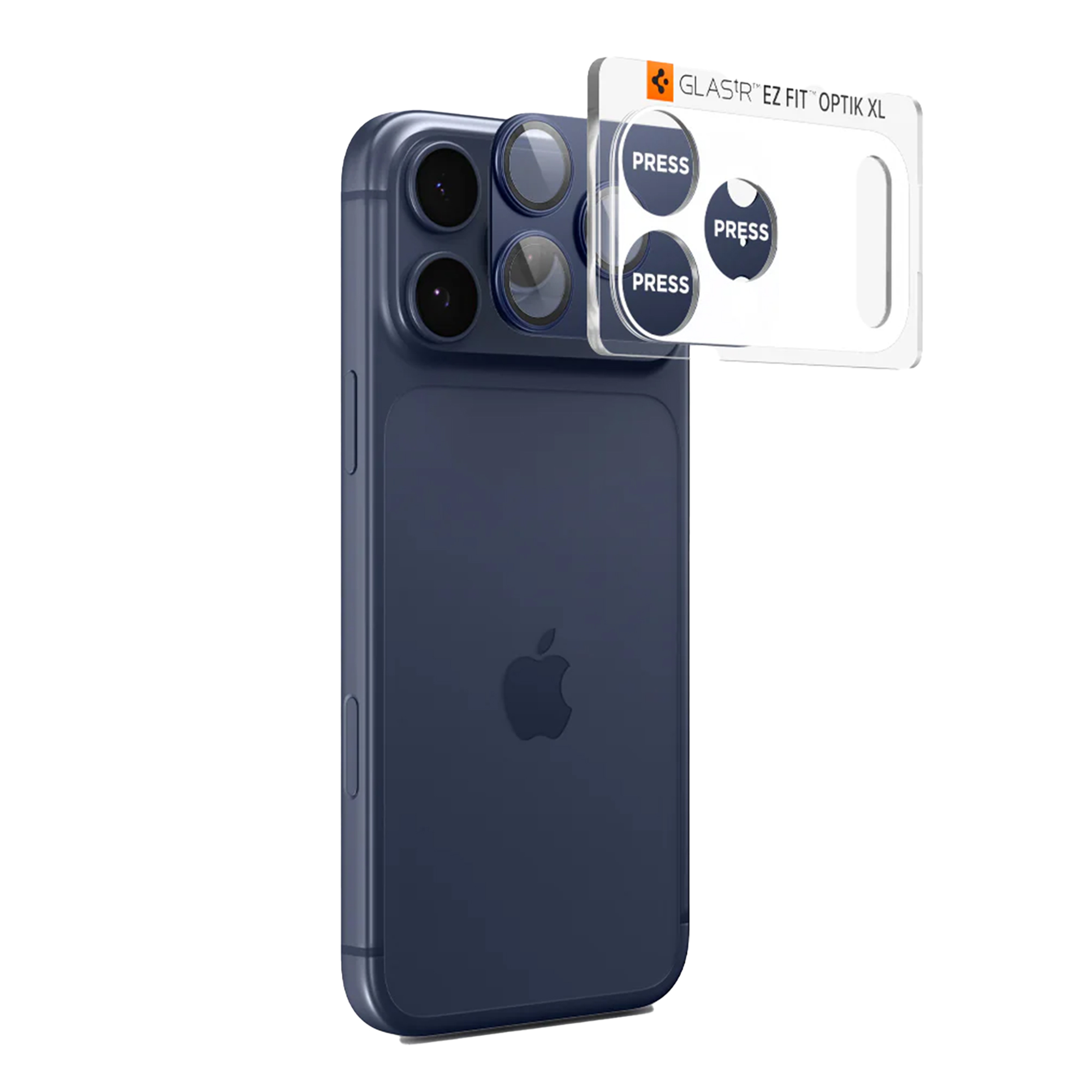 Een donkerblauwe iPhone met een schermbeschermer. De beschermer heeft PRESS labels.