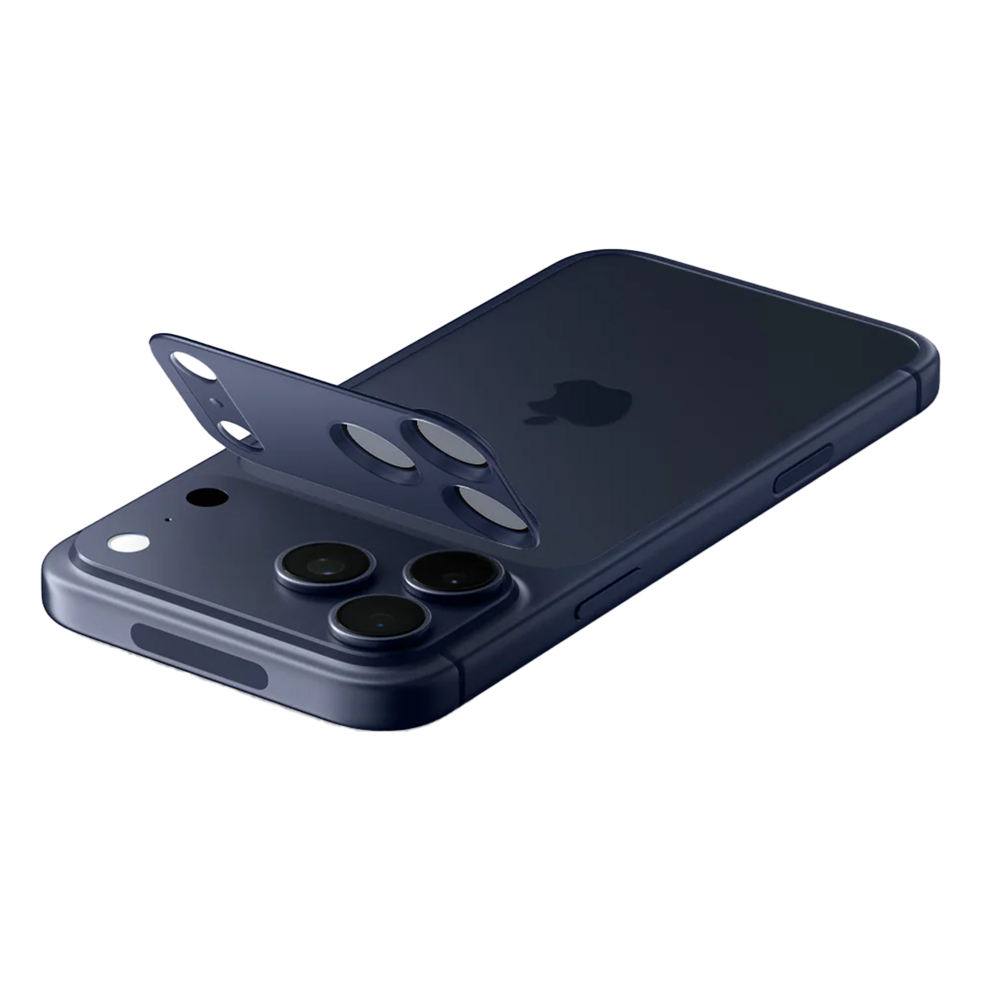 Donkerblauwe iPhone met meerdere cameralenzen en een open cameralensafdekking. Apple-logo zichtbaar op de achterkant.