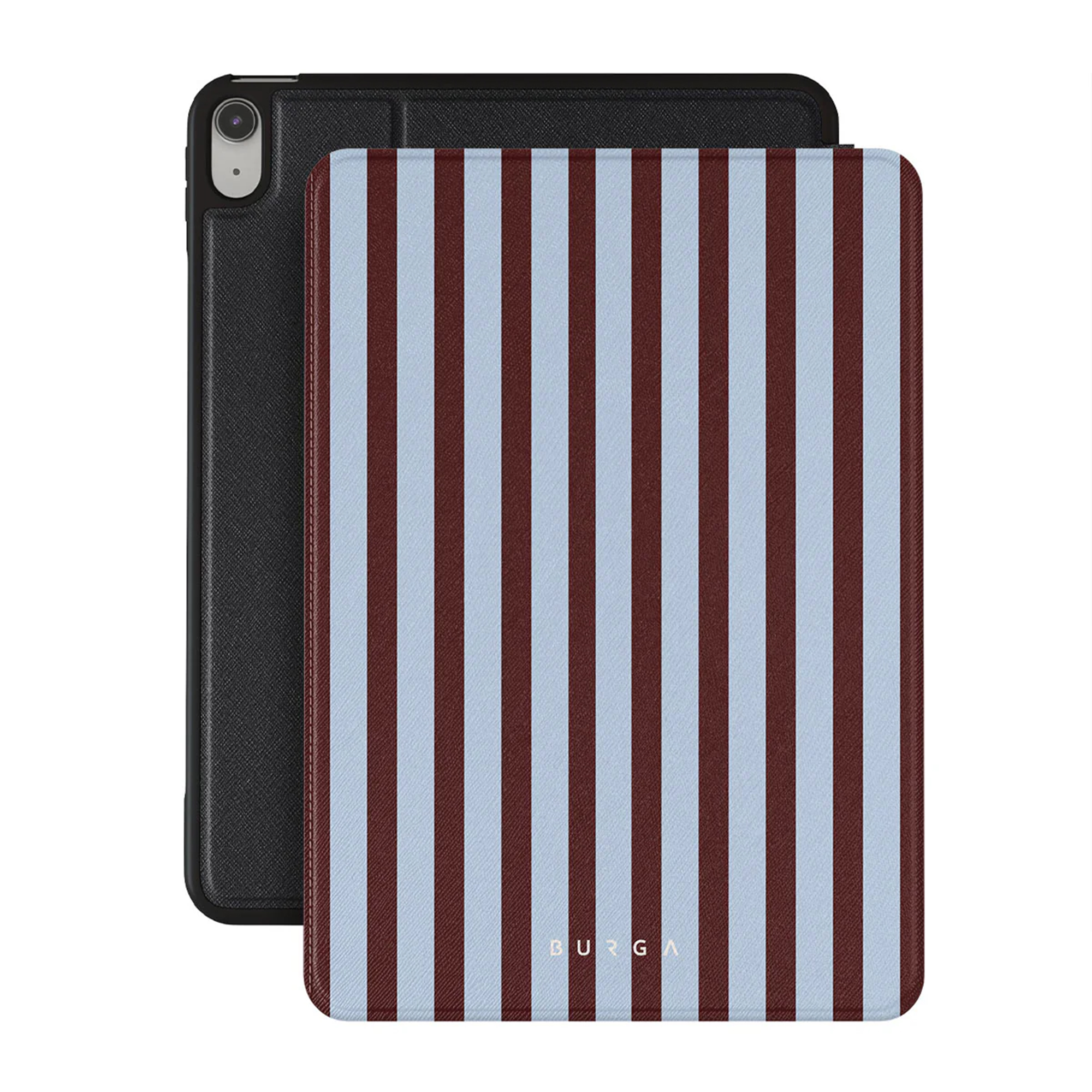 Een iPad-hoesje met blauwe en bordeauxrode strepen, en een zwarte iPad-hoes, op een witte achtergrond. BURGA-logo zichtbaar.