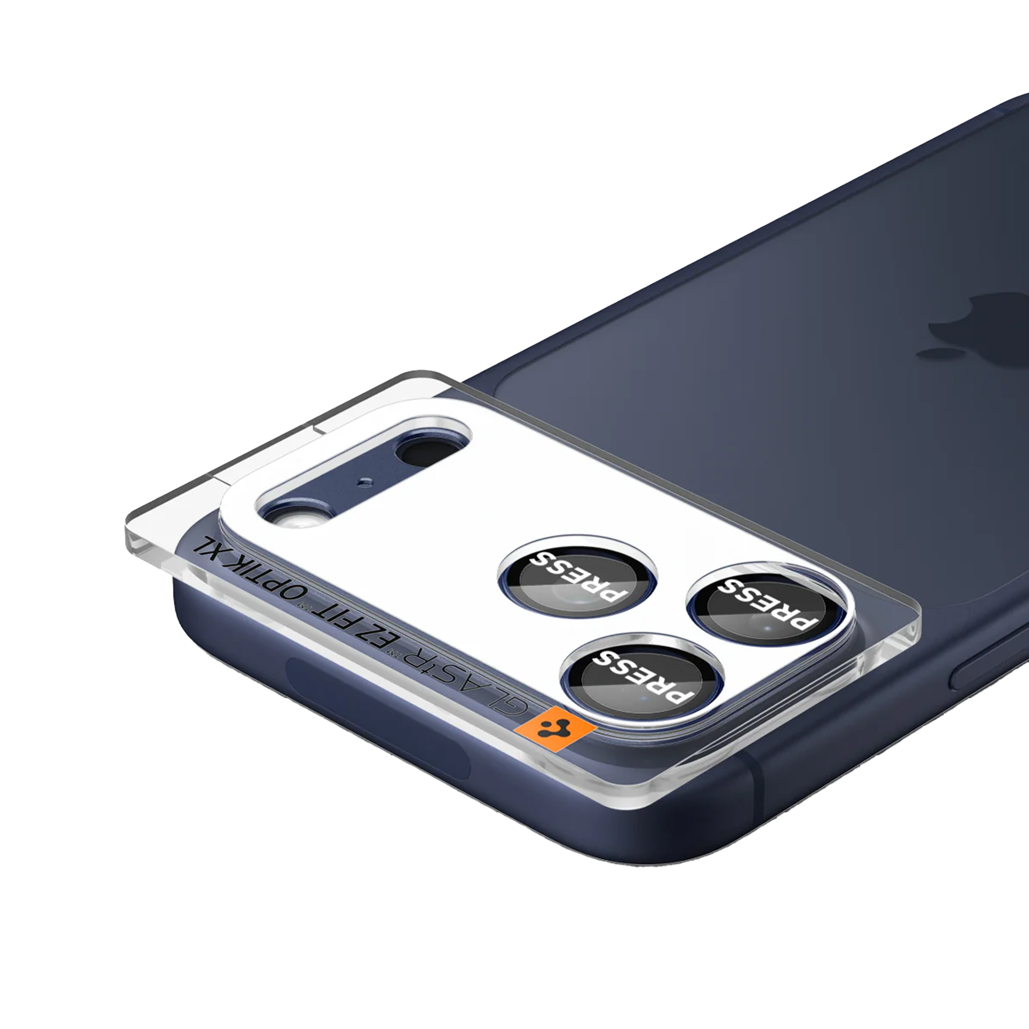 Een telefoon met een lensbeschermer. De beschermer heeft drie knoppen met 'PRESS'. De telefoon is donkerblauw.