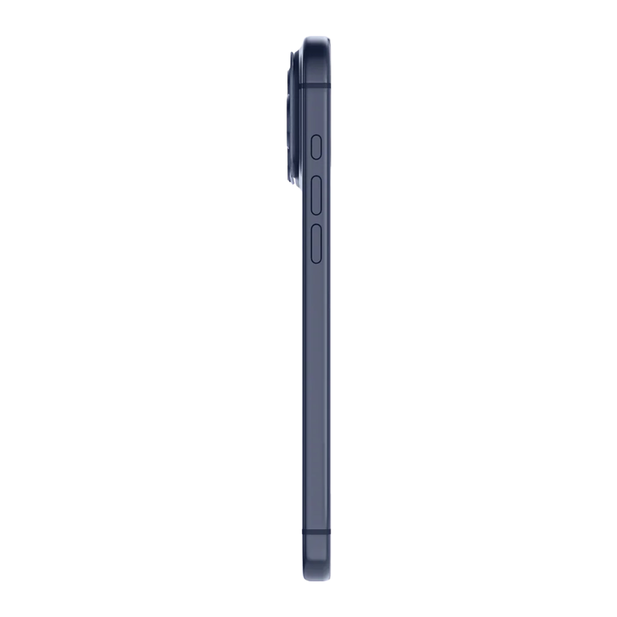 Zijaanzicht van een donkerblauwe smartphone. De camerabult is zichtbaar. Knoppen aan de zijkant. Geïsoleerd op witte achtergrond.