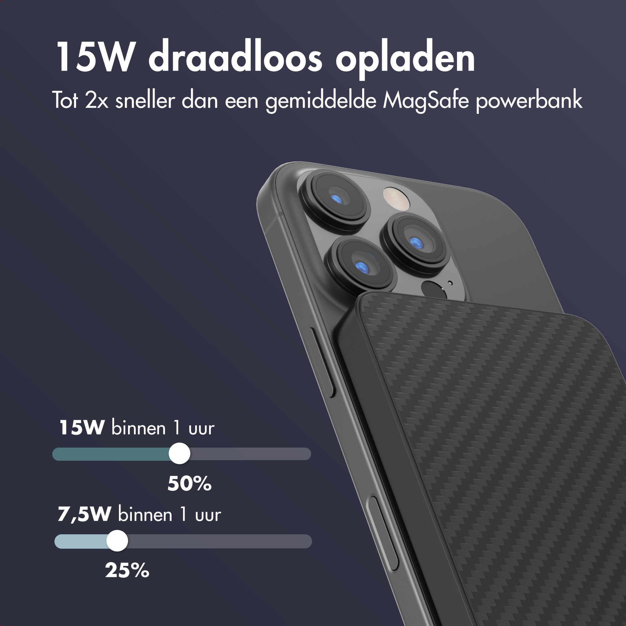 L'image montre un téléphone avec des détails de chargement sans fil. Le texte comprend 15W, 50% et 25% de taux de charge.
