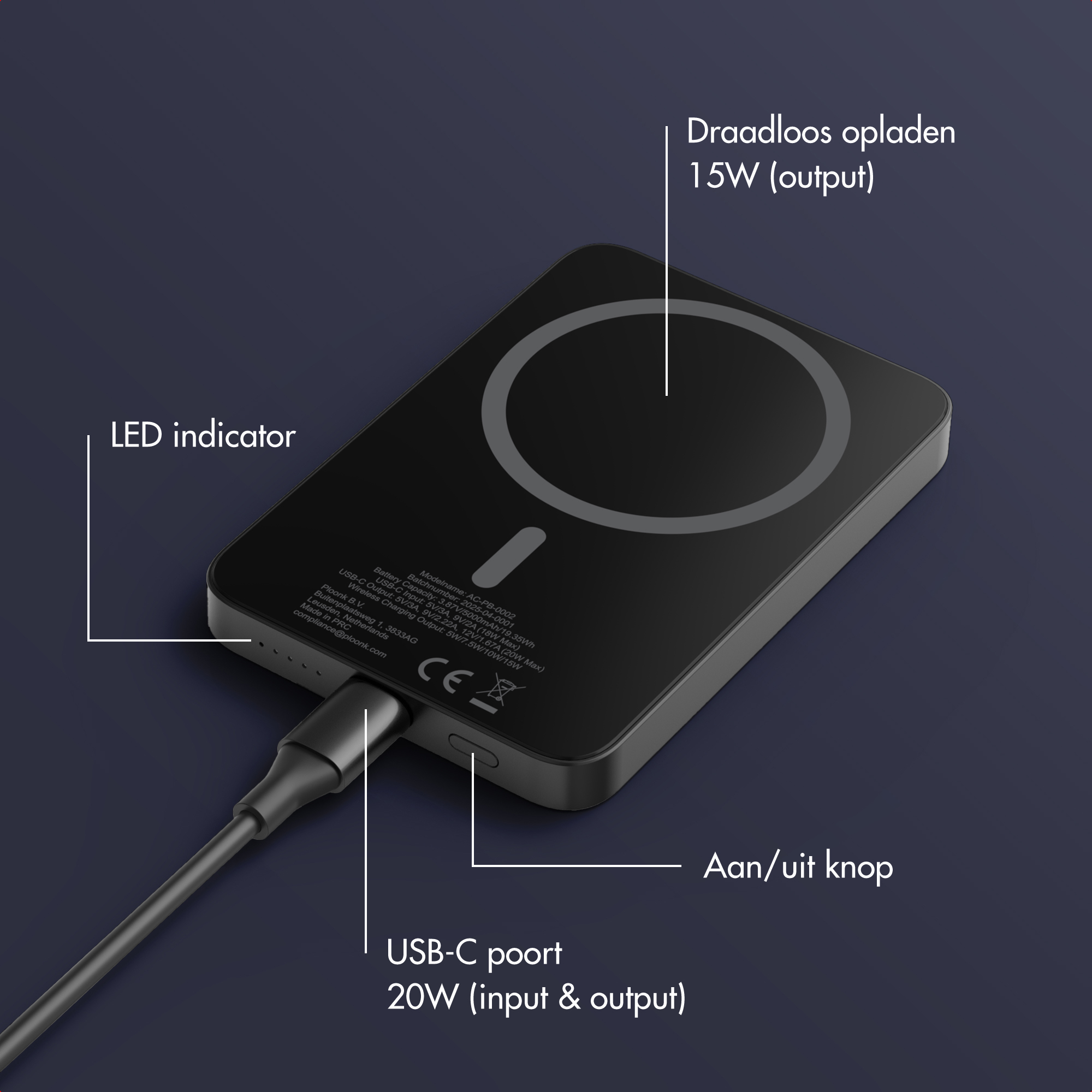 Batterie externe noire avec port USB-C, indicateur LED et bouton marche/arrêt. Prend en charge la charge sans fil 15W.
