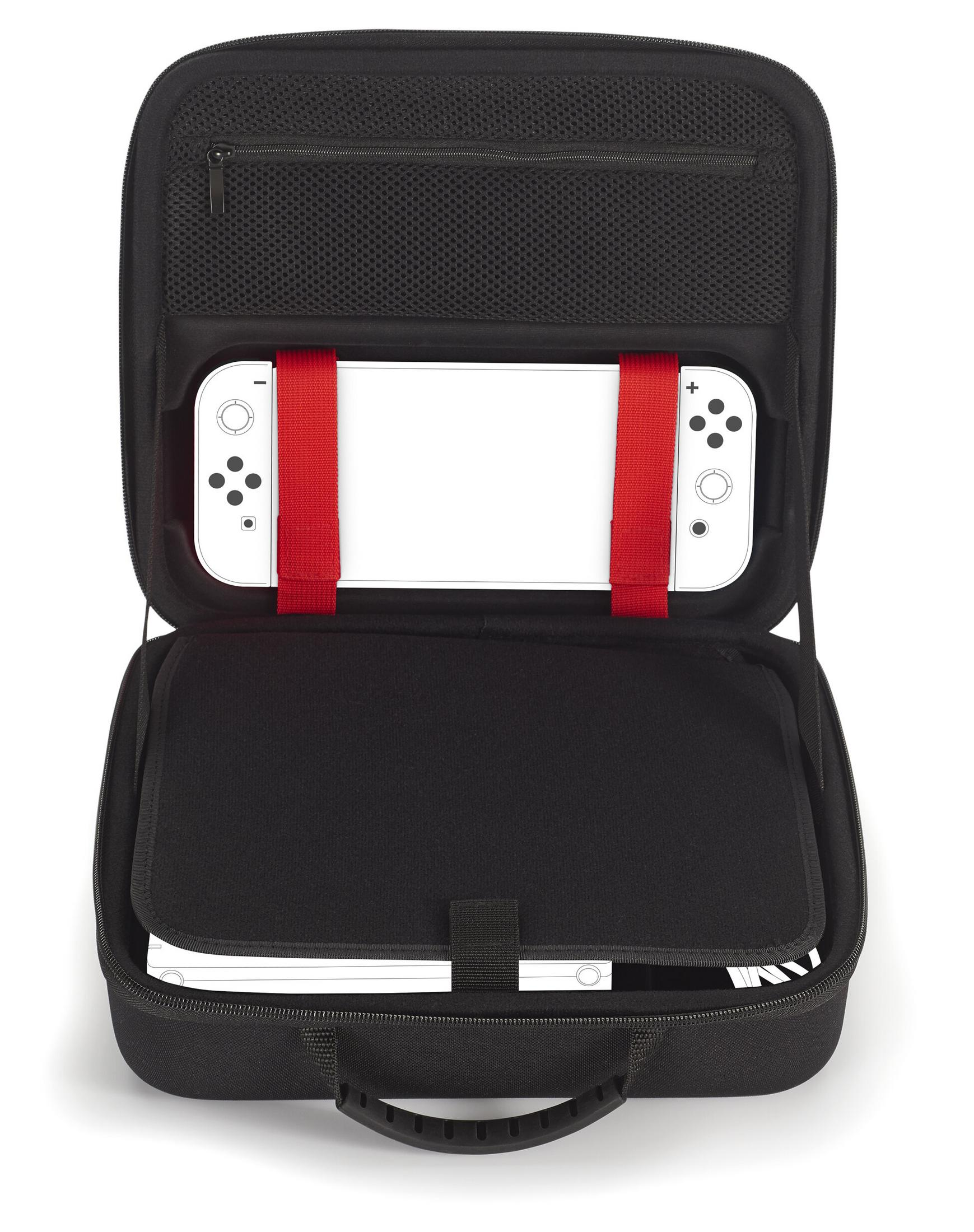 Open black case with a white game console held by red straps. Papers are visible at the bottom.