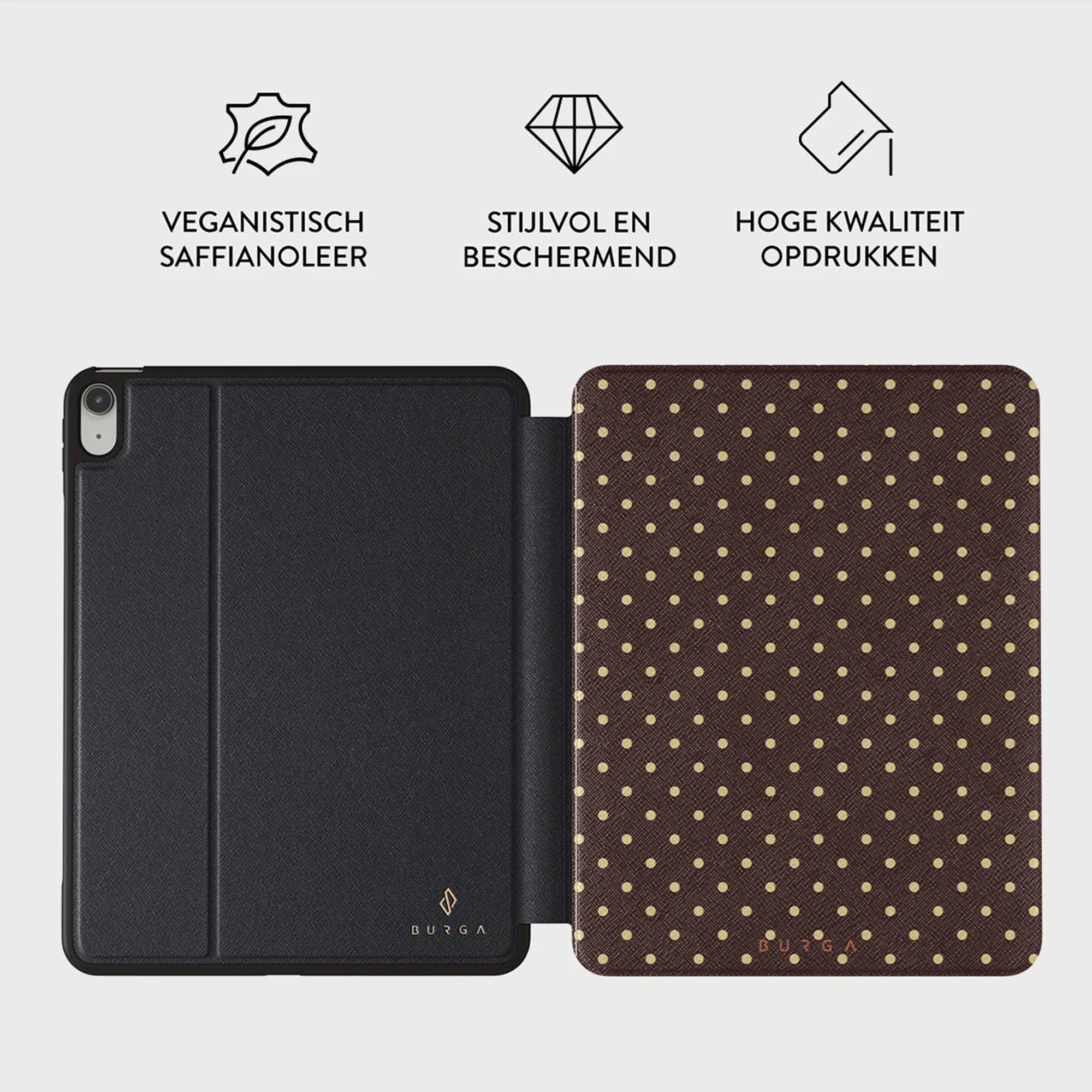 Open iPad case. Black cover on the left, brown cover with gold dots on the right. White background.