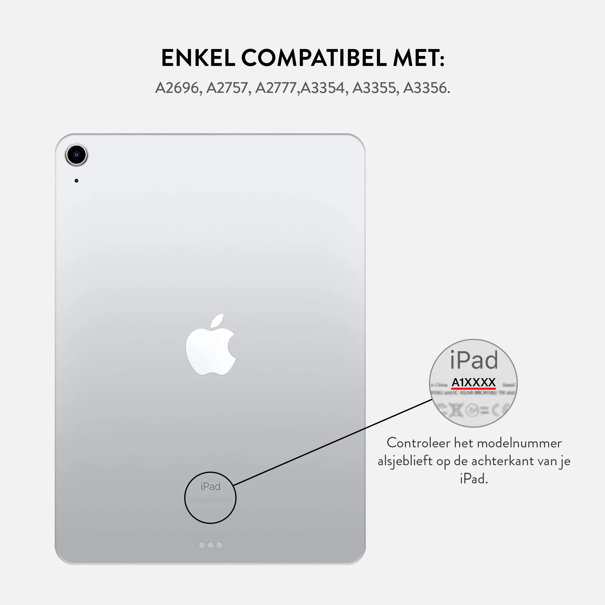 Image shows an iPad with text indicating compatibility with specific models. A diagram points to the model number location.
