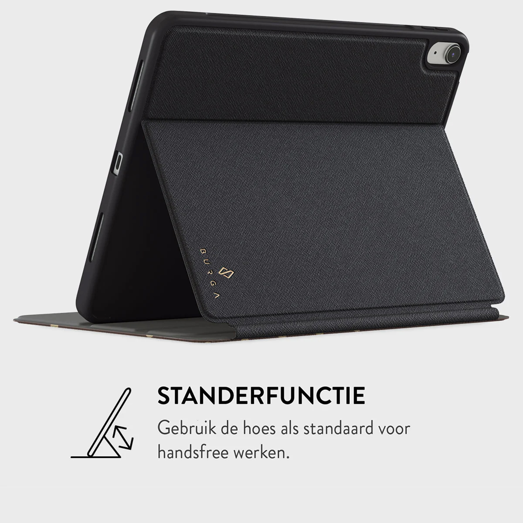 Black tablet in a case, propped up. Shows the stand function. The brand name BURGA is visible.