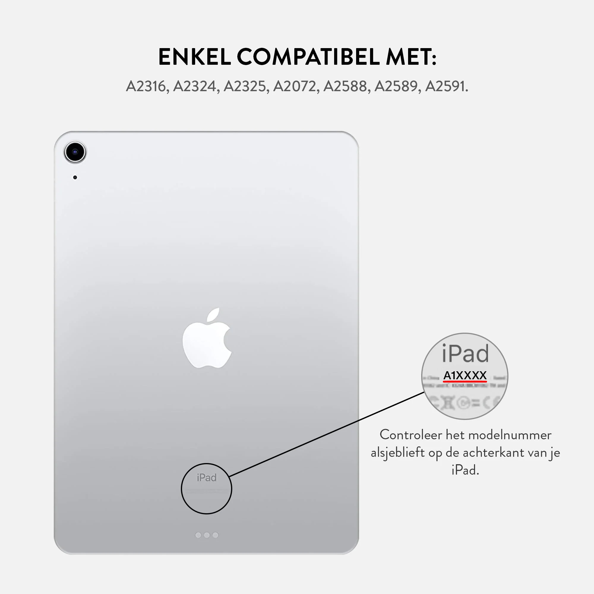 An iPad with a white background. Text indicates compatibility with specific iPad models. A close-up shows a model number.