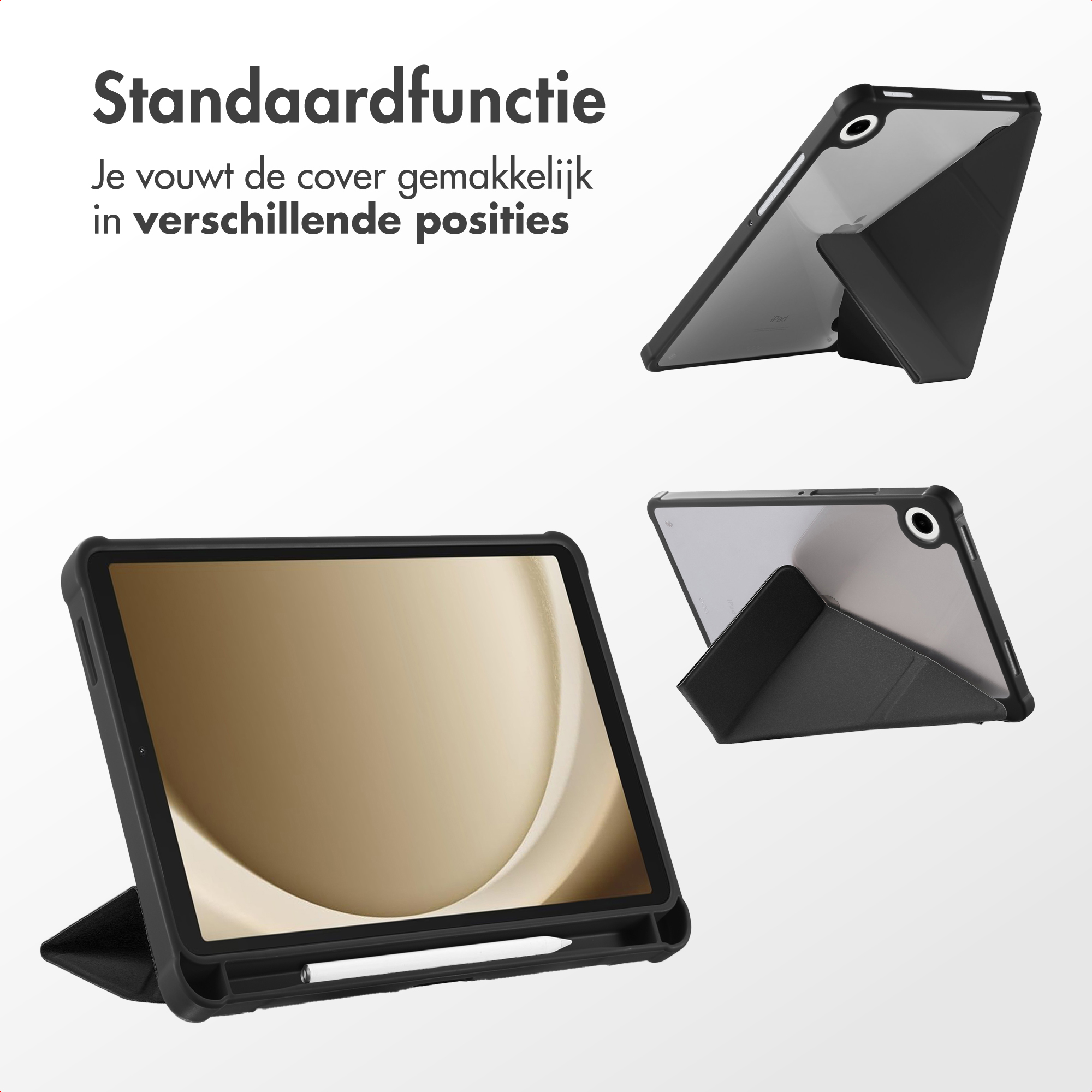Black iPad case in different positions. Displays the product's stand function. White background.