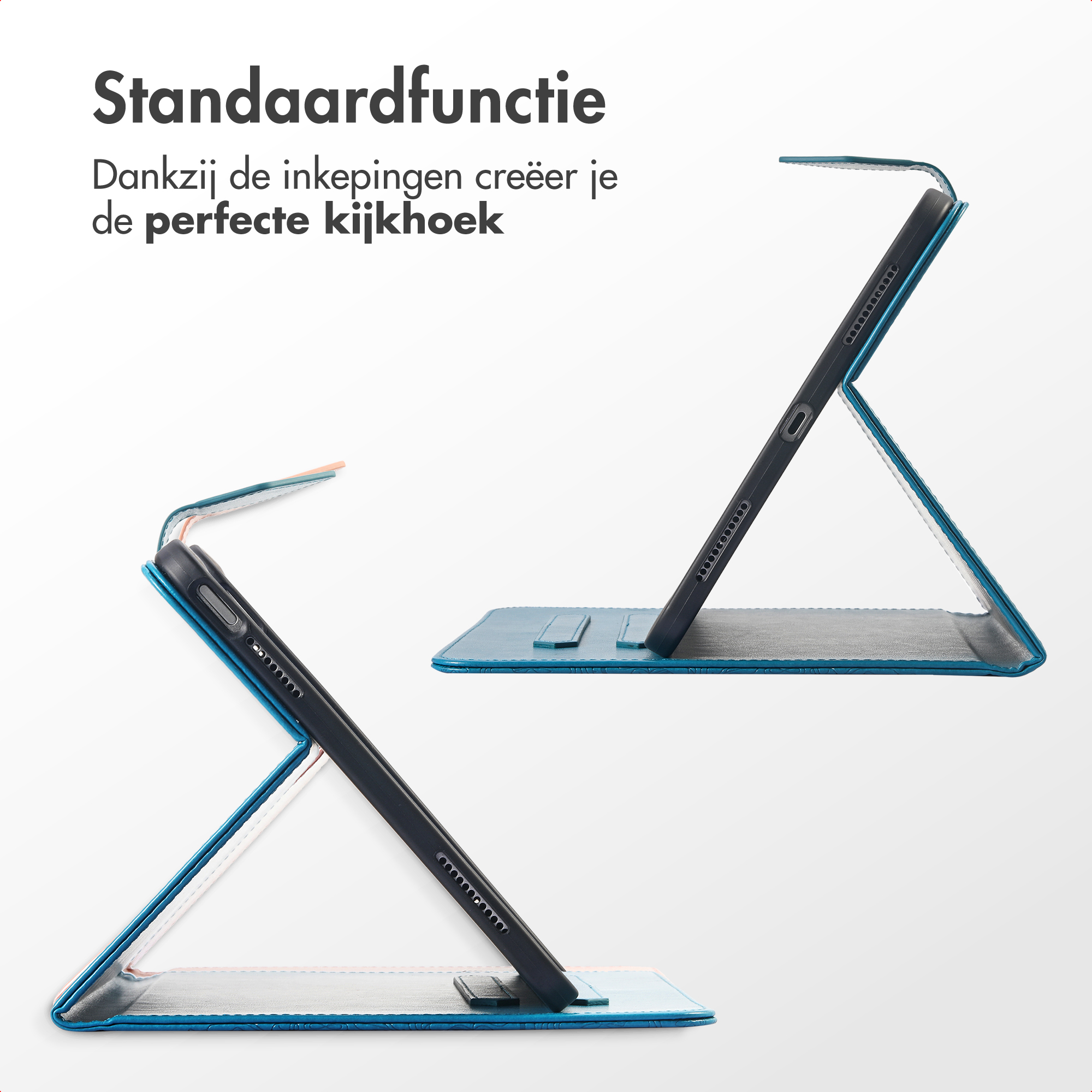 Two black tablets in blue cases are displayed at different angles, demonstrating stand functionality.