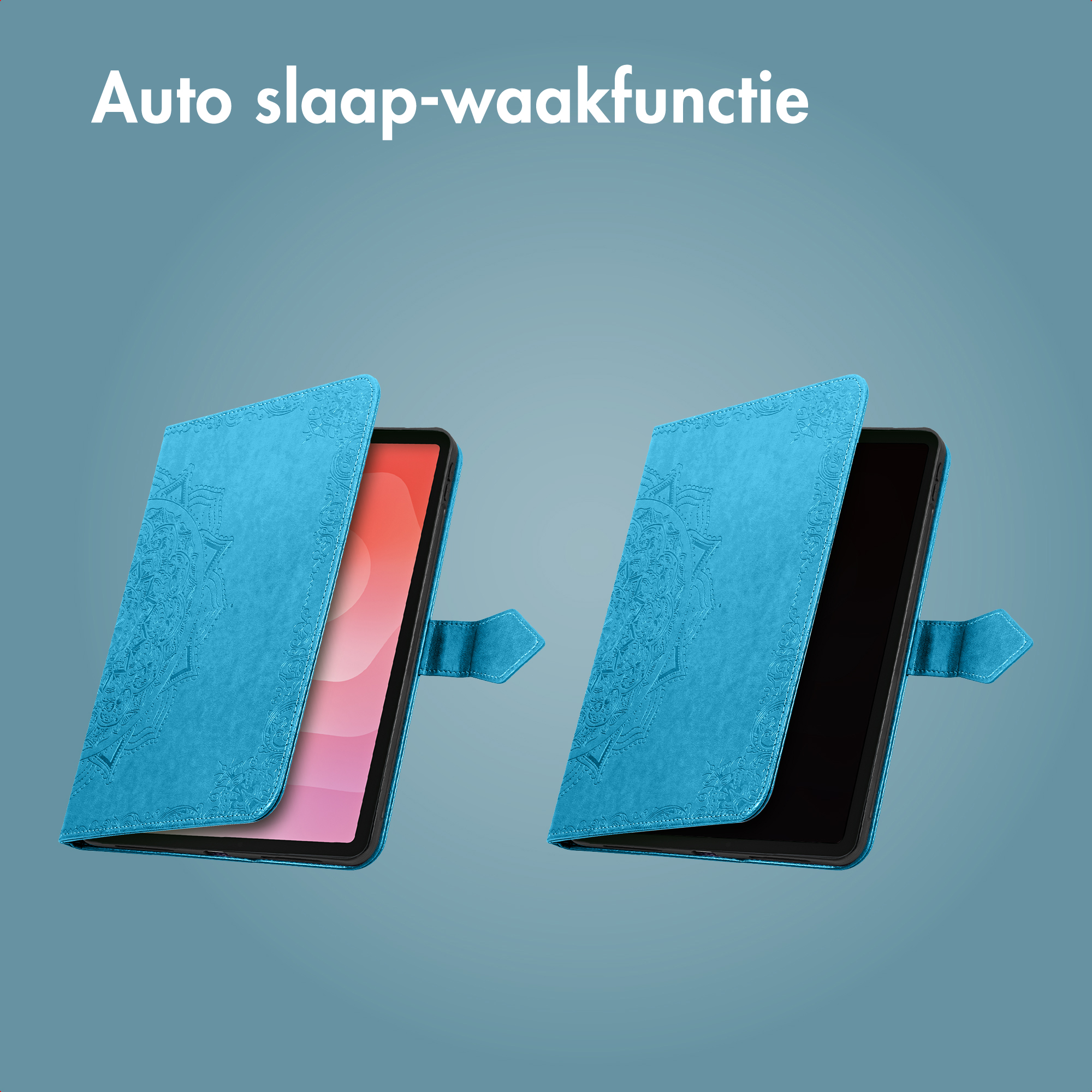 Two tablet cases, cyan, open. One shows a pink screen, the other a black one. Dutch text at the top.