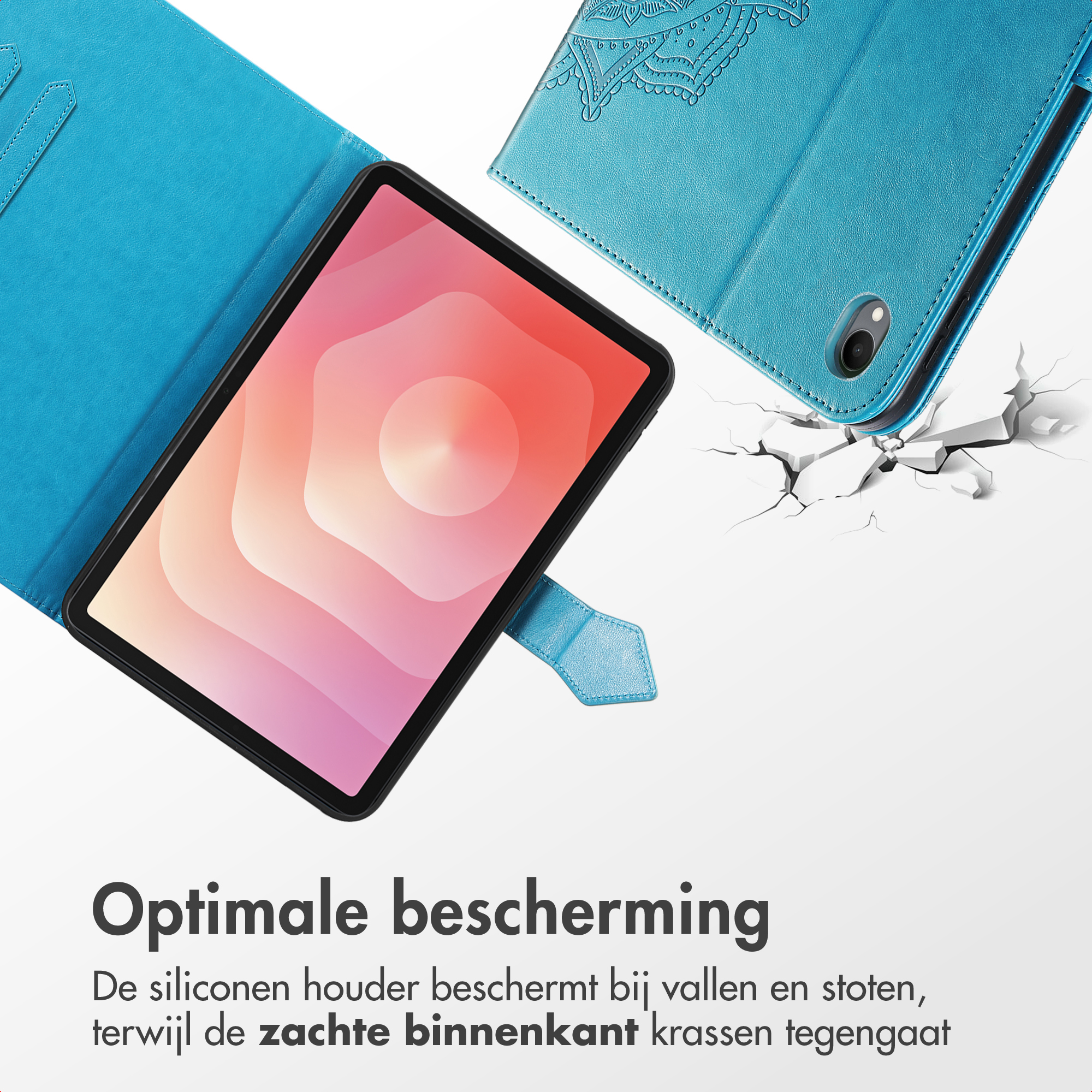 A tablet in a blue case, with a pink screen. The case is open, showing the inside and the outer design. The background is white.