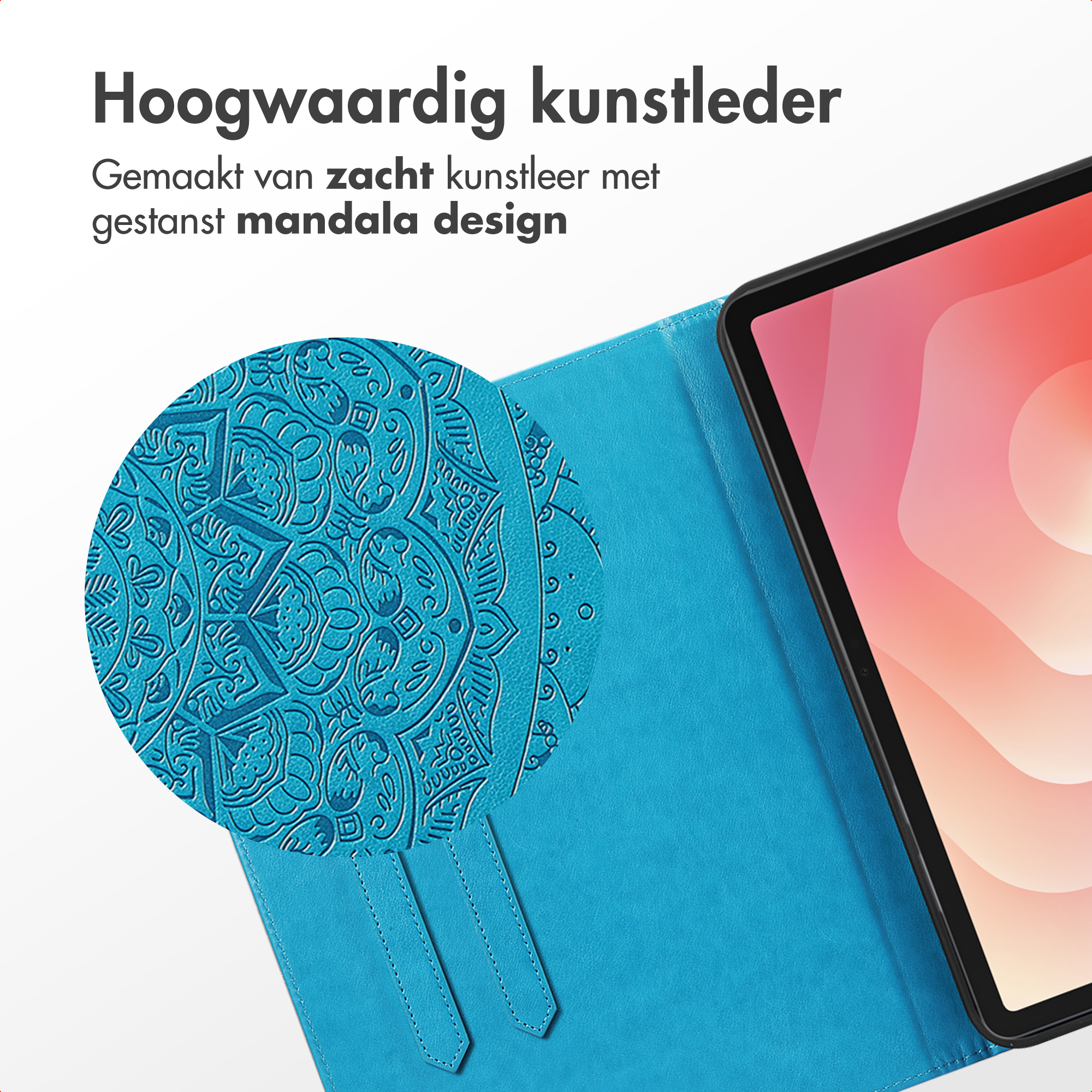 Blue leather case with mandala design. iPad inside. Text: High-quality faux leather, made of soft faux leather.