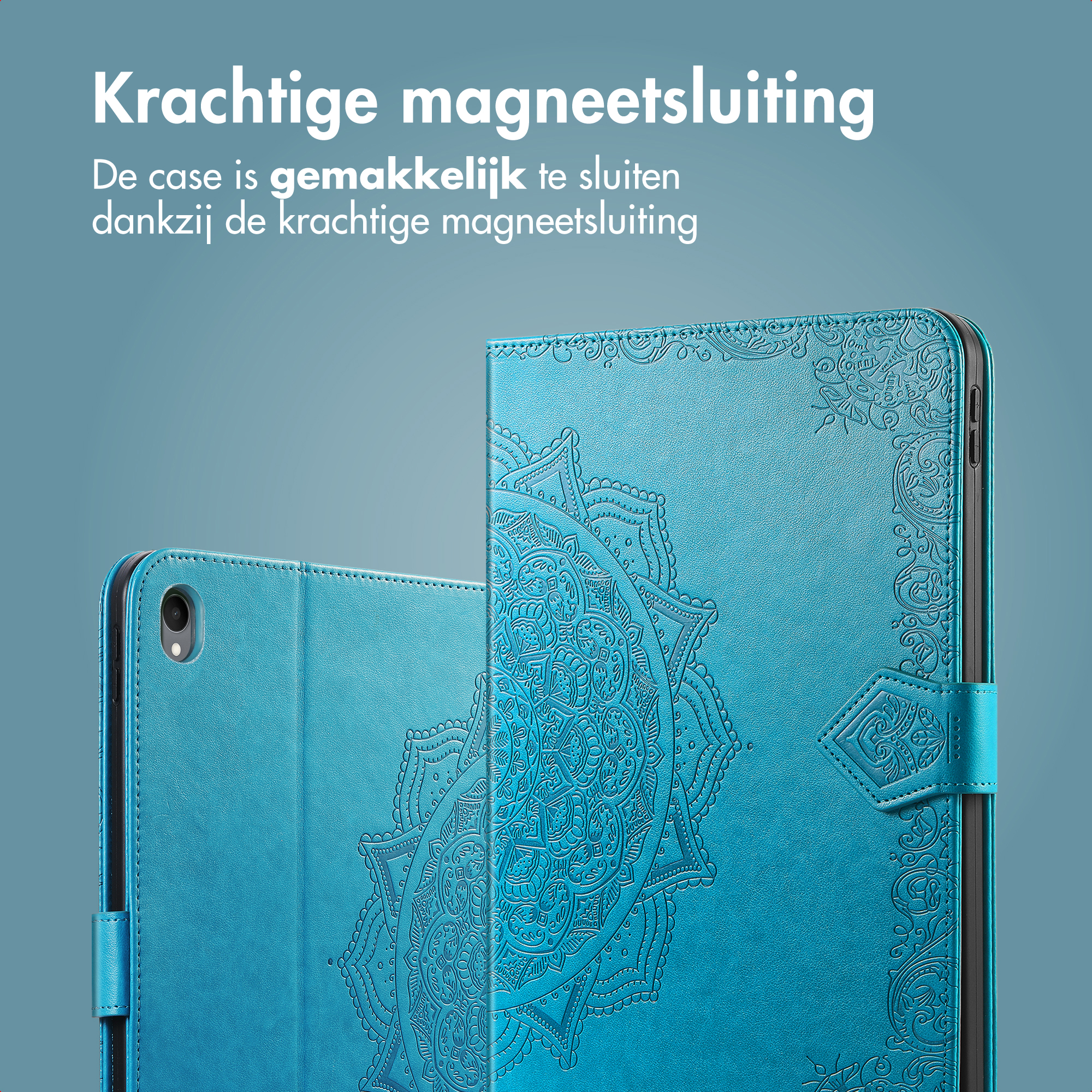 Blue tablet case, embossed design. Text says 'Magnetic closure'.