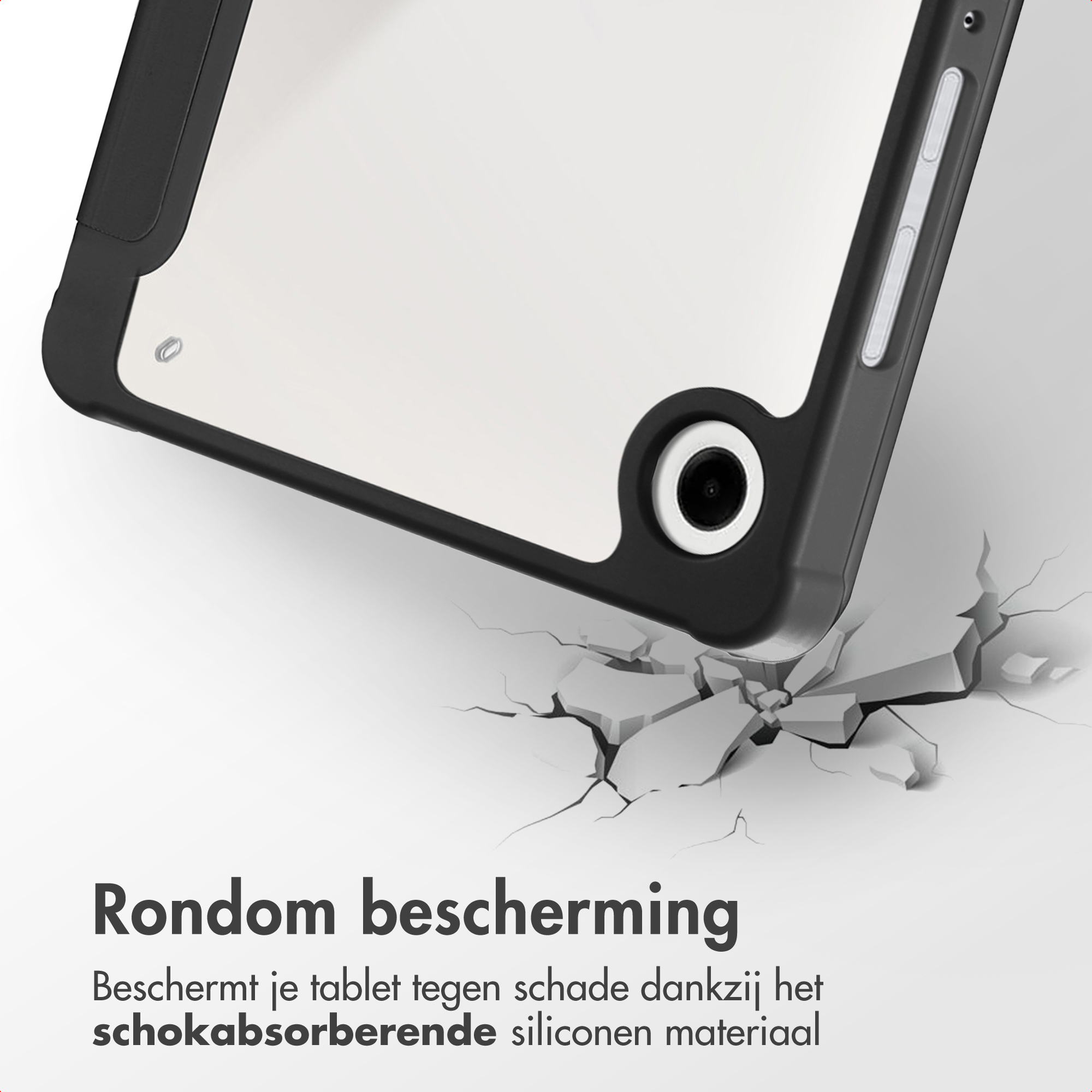 A tablet in a black case is falling, causing cracks on the surface below. Text reads 'Rondom bescherming'.