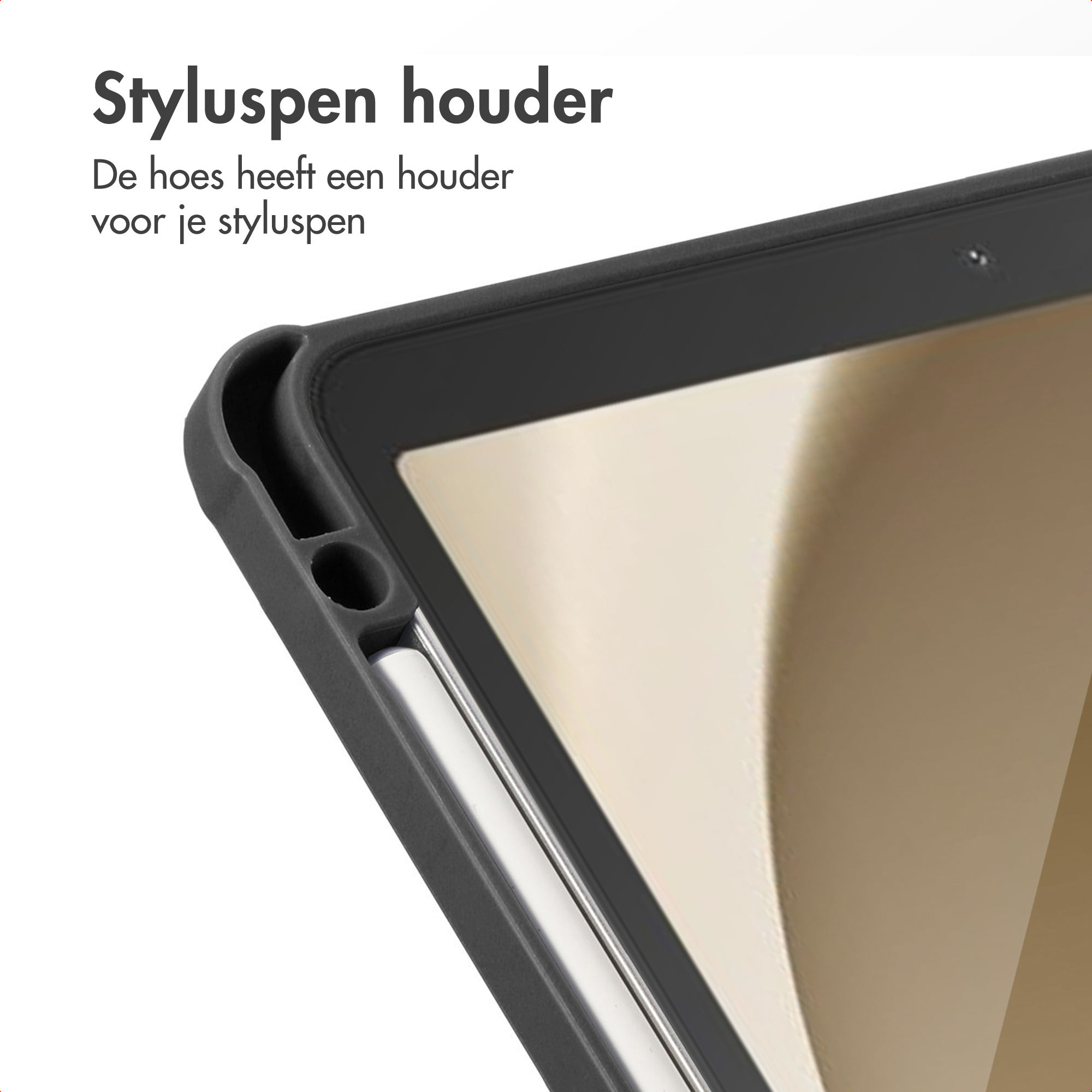 Black tablet case with stylus holder. A white stylus is in the holder, next to the tablet.