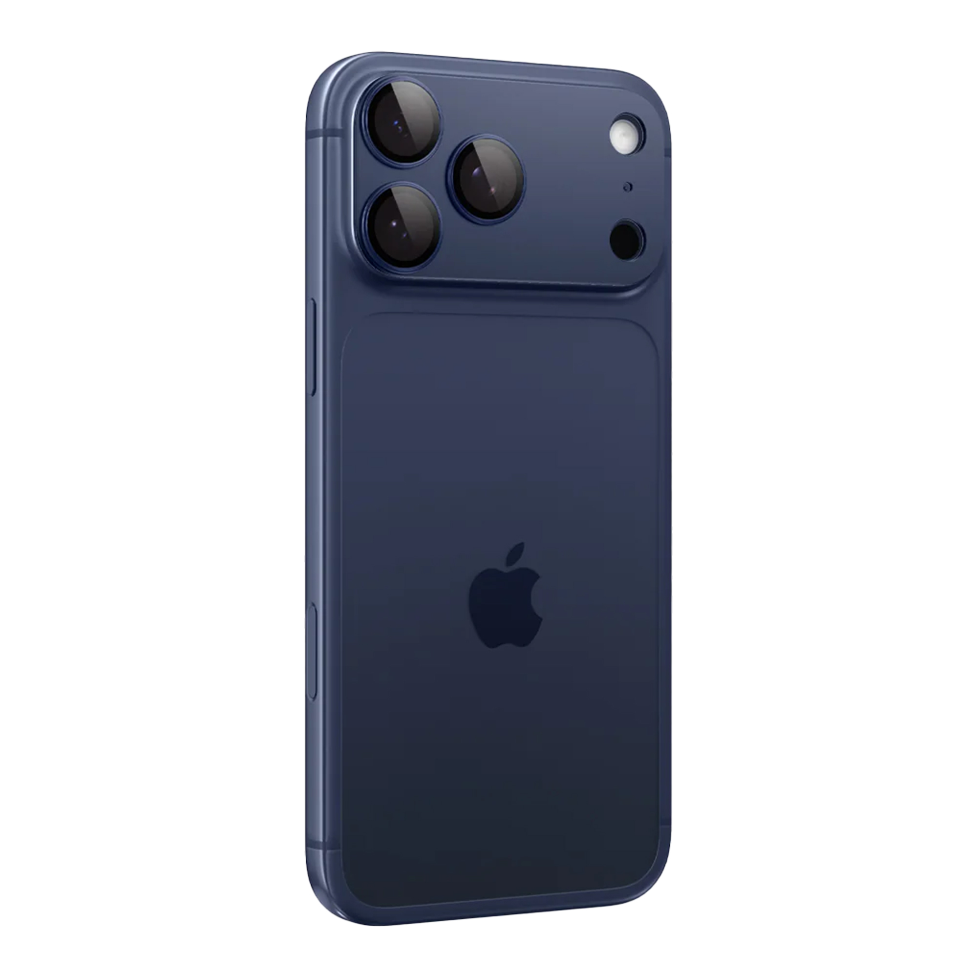Een donkerblauwe iPhone met drie camera's en een flitser. Het Apple-logo is zichtbaar.