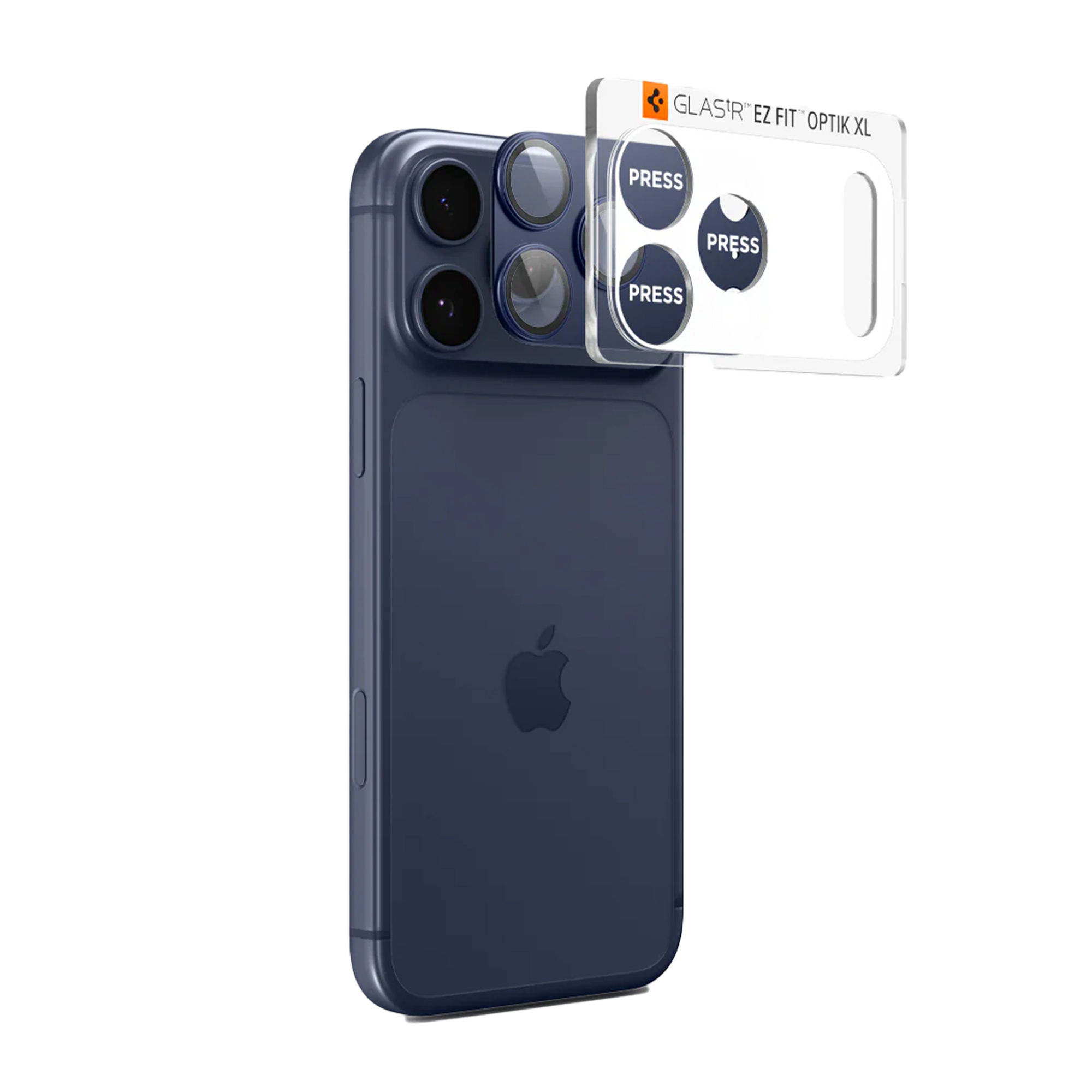 Een donkerblauwe iPhone met een schermbeschermer. De beschermer heeft PRESS-labels.