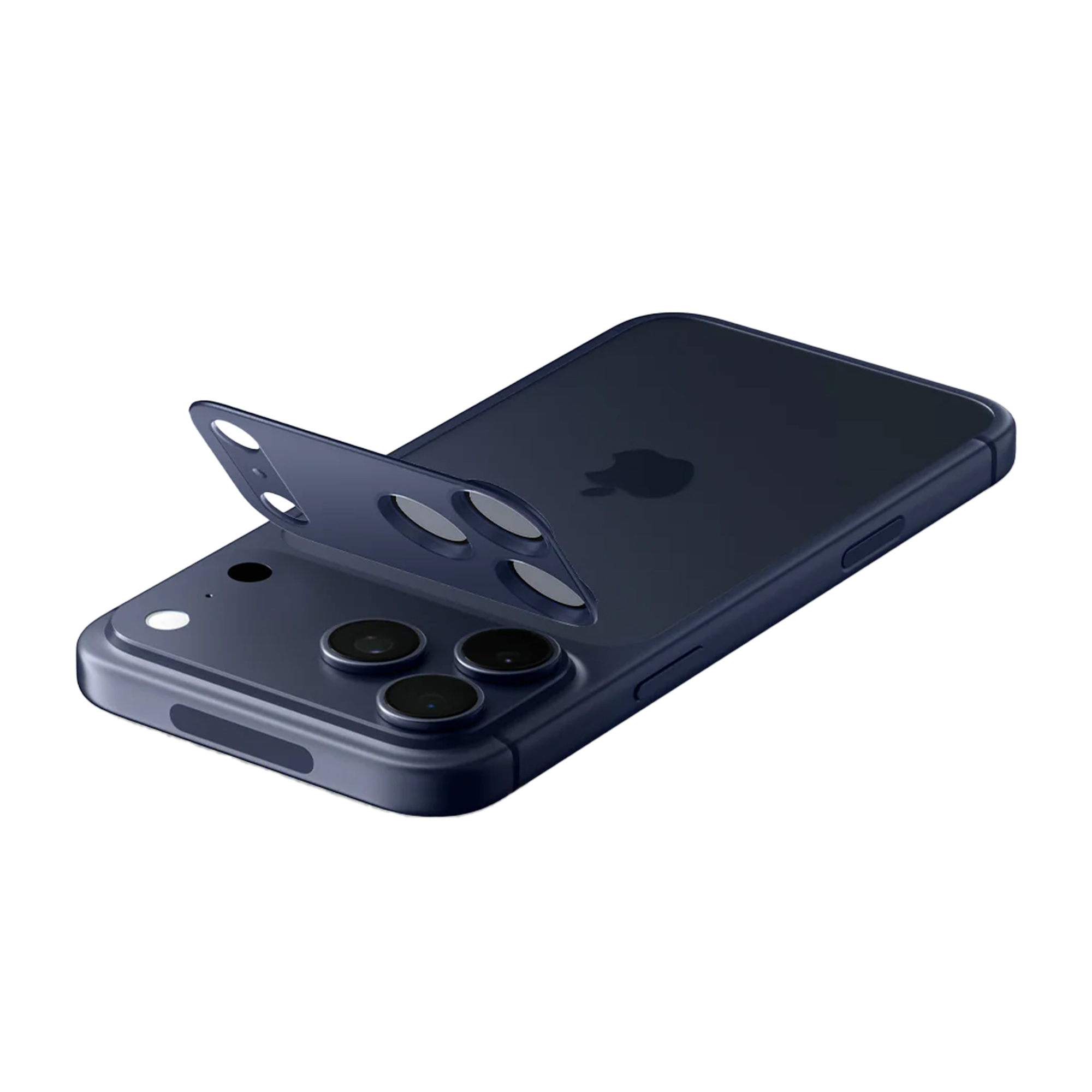 Een donkerblauwe iPhone met een cameralensafdekking wordt getoond. De afdekking is gedeeltelijk open en onthult de cameralenzen.
