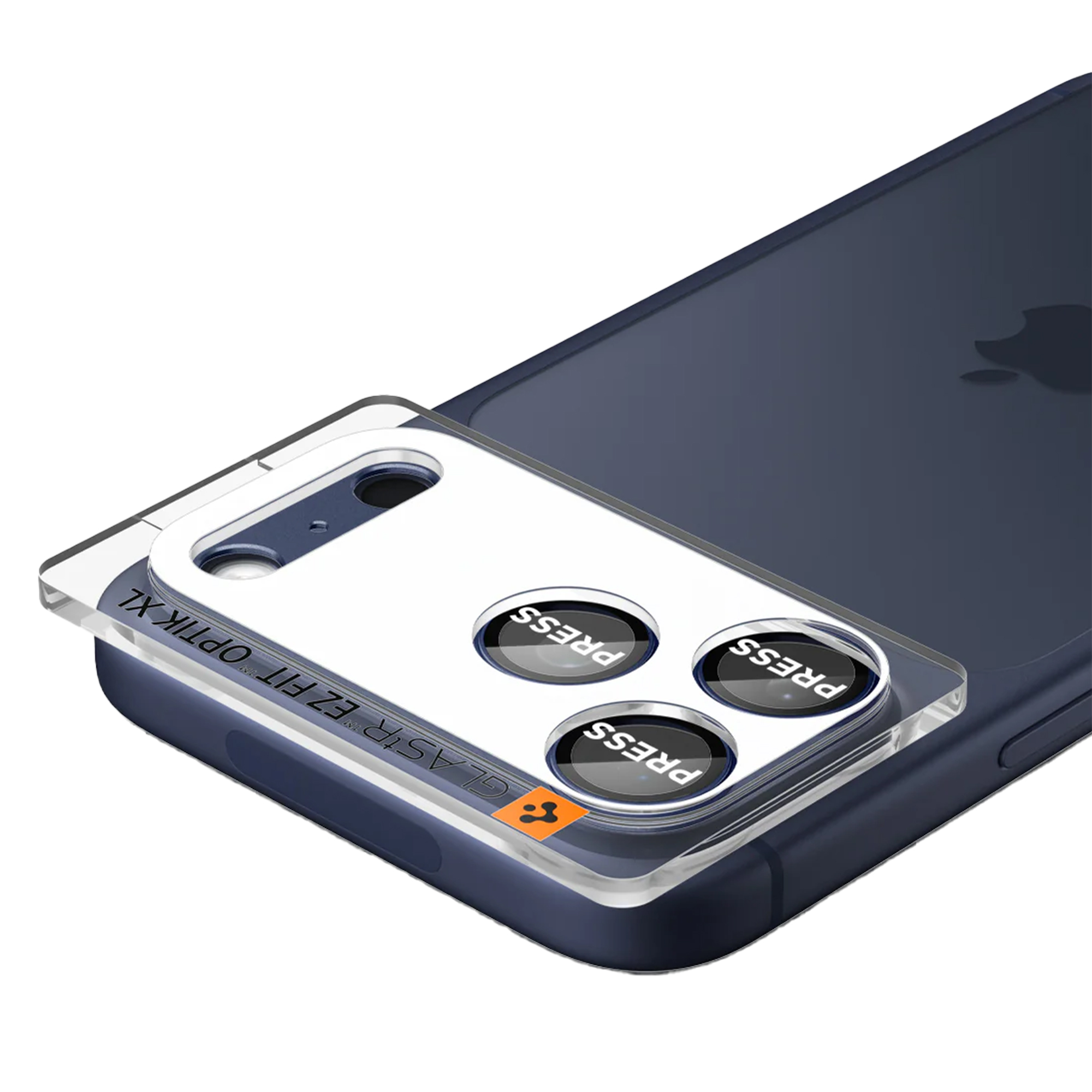 Een telefoon met een lensbeschermer. De beschermer heeft drie 'PRESS'-knoppen. De telefoon is donkerblauw.