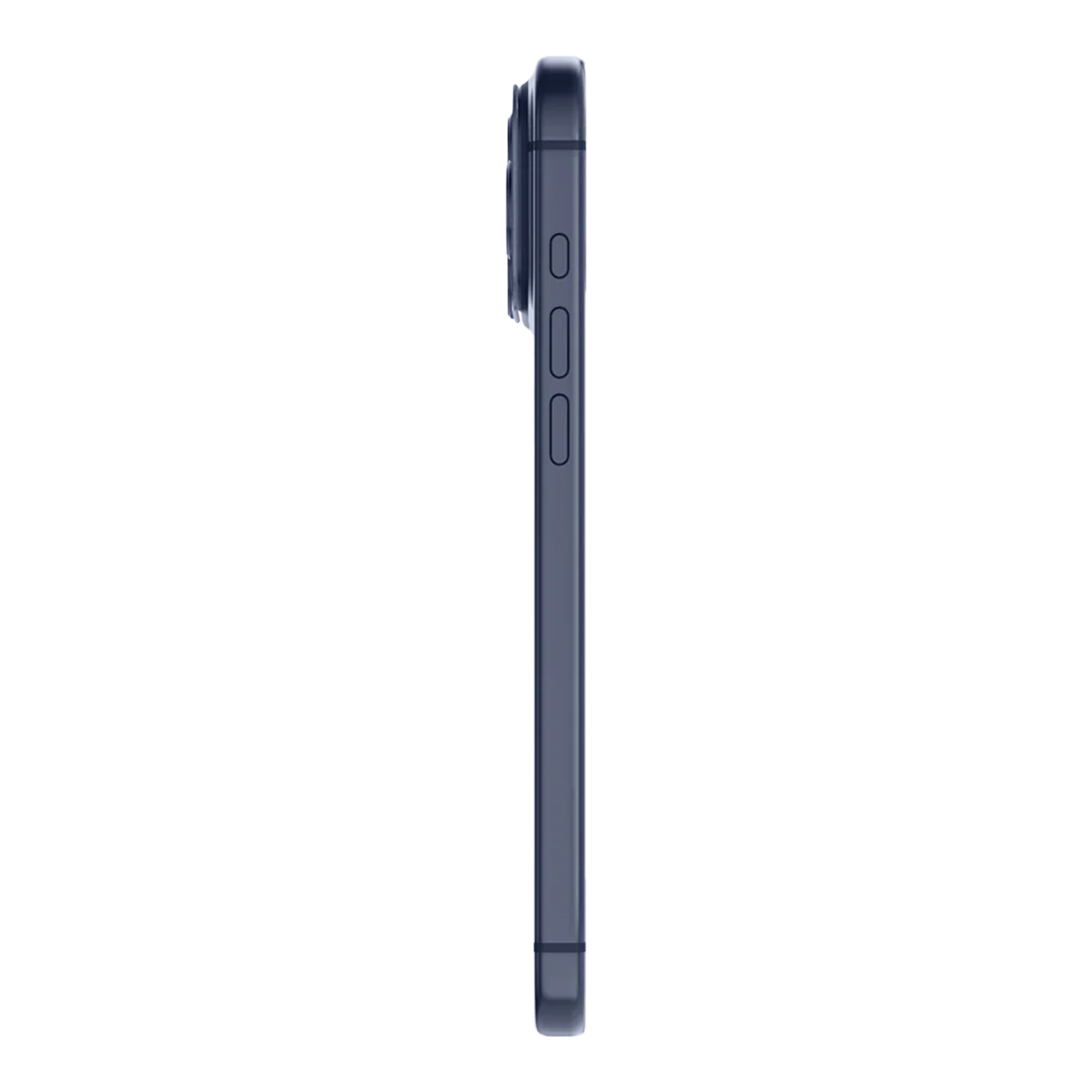 Een donkerblauwe smartphone van de zijkant. Het heeft knoppen en een camerabult aan de zijkant, tegen een witte achtergrond.