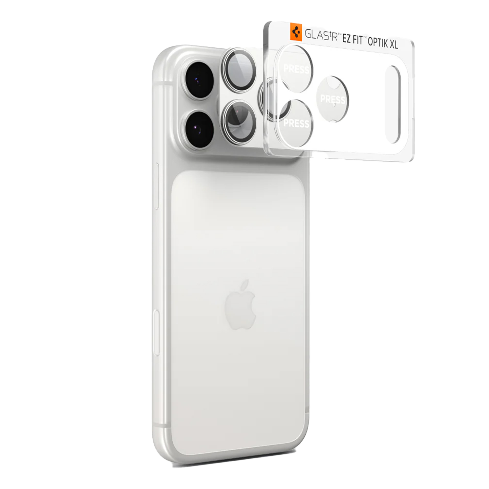 Witte iPhone met lensbeschermer. Beschermer heeft drukpunten en merknaam.