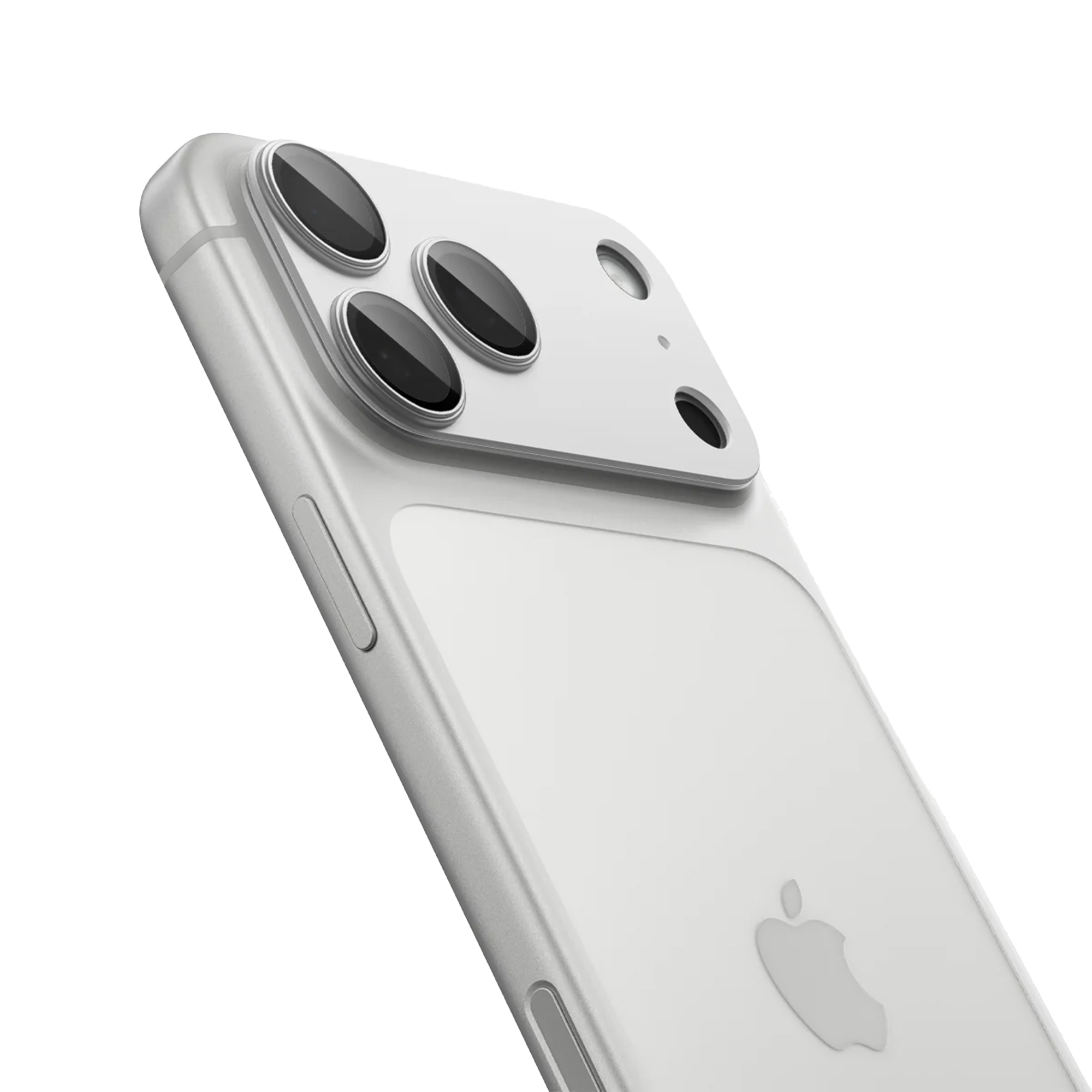 Een witte iPhone met drie cameralenzen. Het Apple-logo is zichtbaar. De zijkant van de telefoon is zilver.