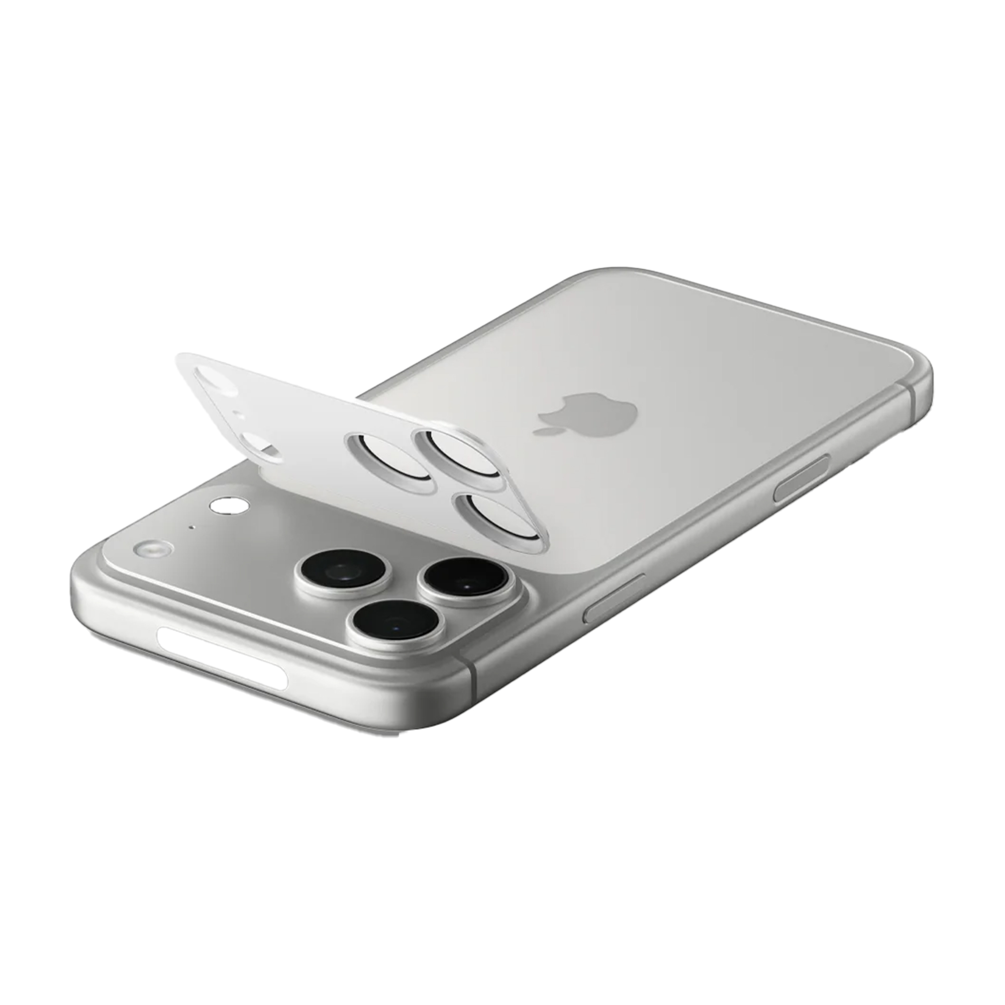 Zilveren iPhone met lensbeschermer die wordt aangebracht. De beschermer is wit en heeft uitsparingen voor de lenzen.