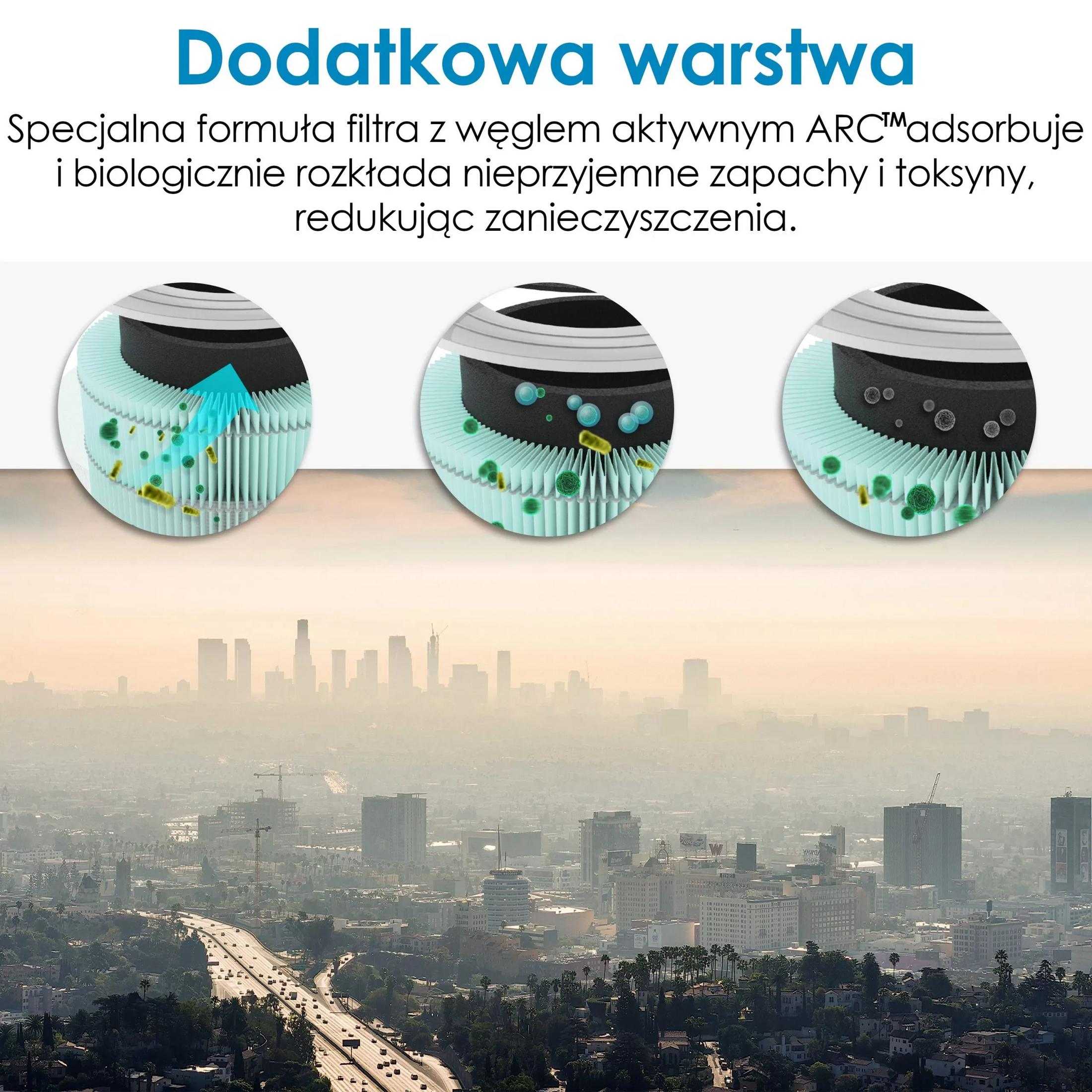 Obraz przedstawia schemat filtra powietrza z tłem panoramy miasta. Filtr pochłania toksyny. Tekst w języku polskim.
