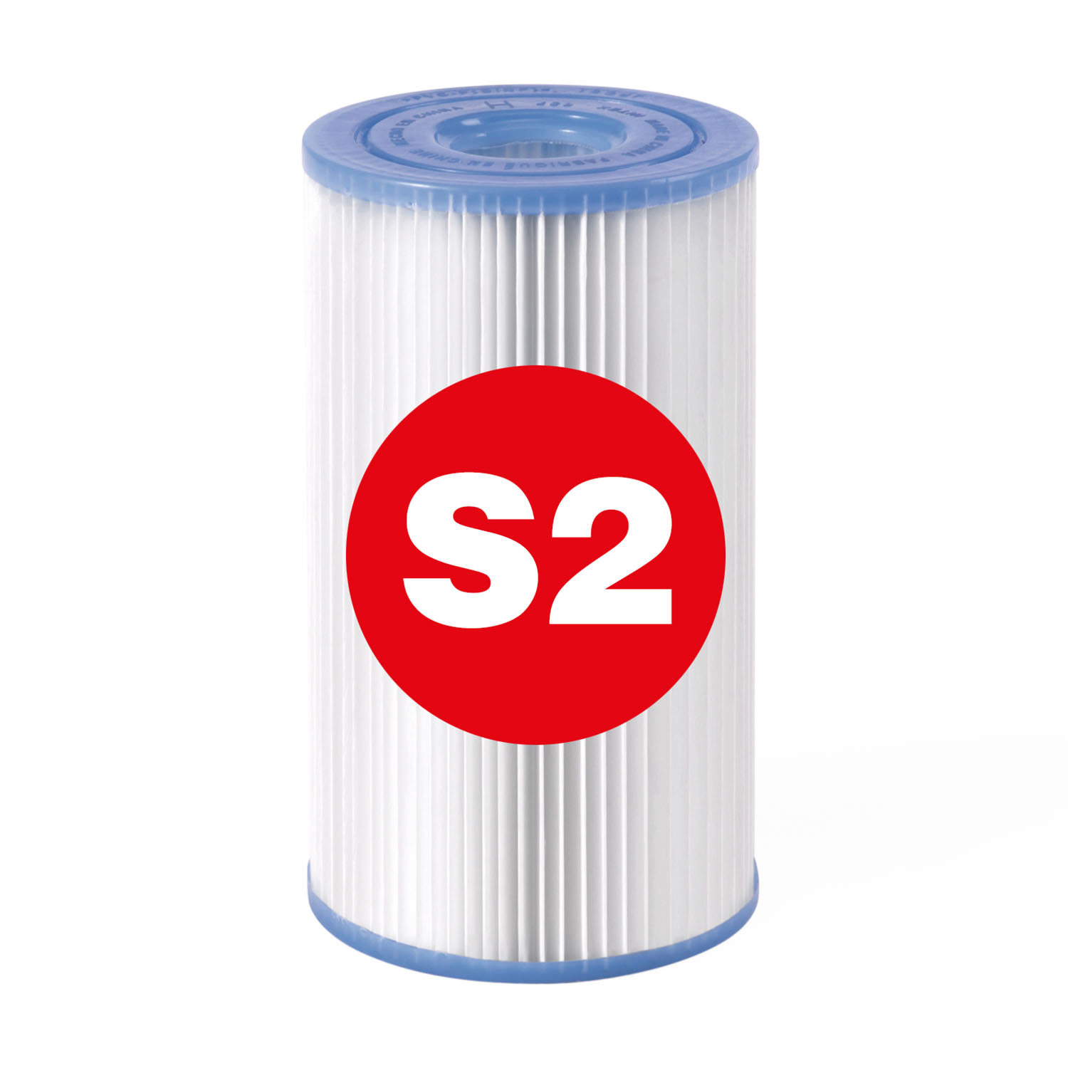 Filtry cylindryczne z białego plisowanego materiału. Czerwone koło z białym 'S2' na filtrze. Niebieskie obramowania u góry i na dole.