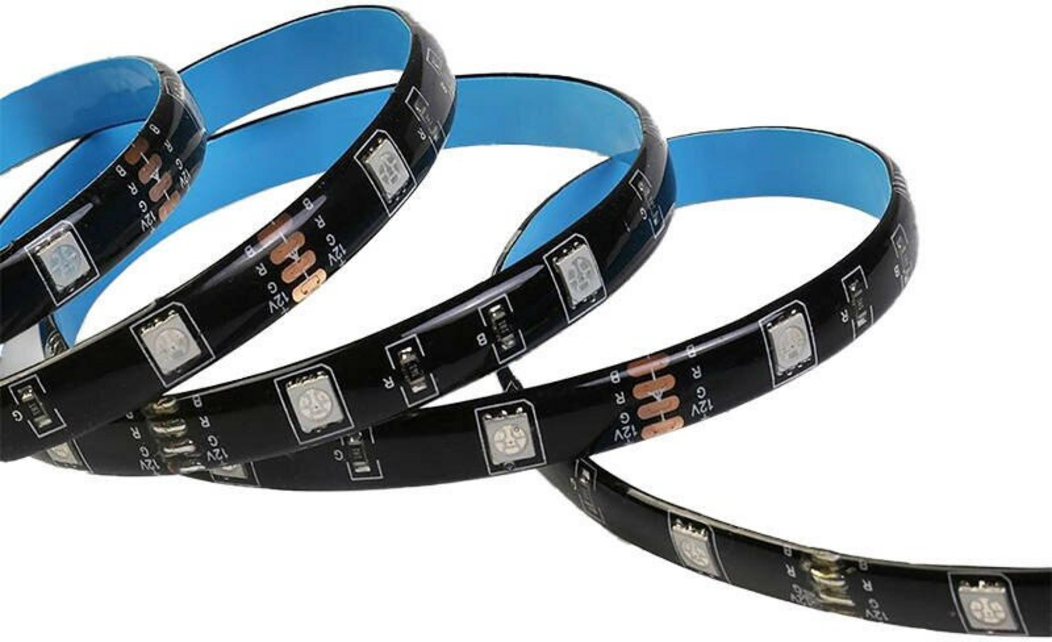 Strisce luminose a LED nere con retro blu, con piccole luci ed etichette come '12V', 'R', 'G' e 'B'.