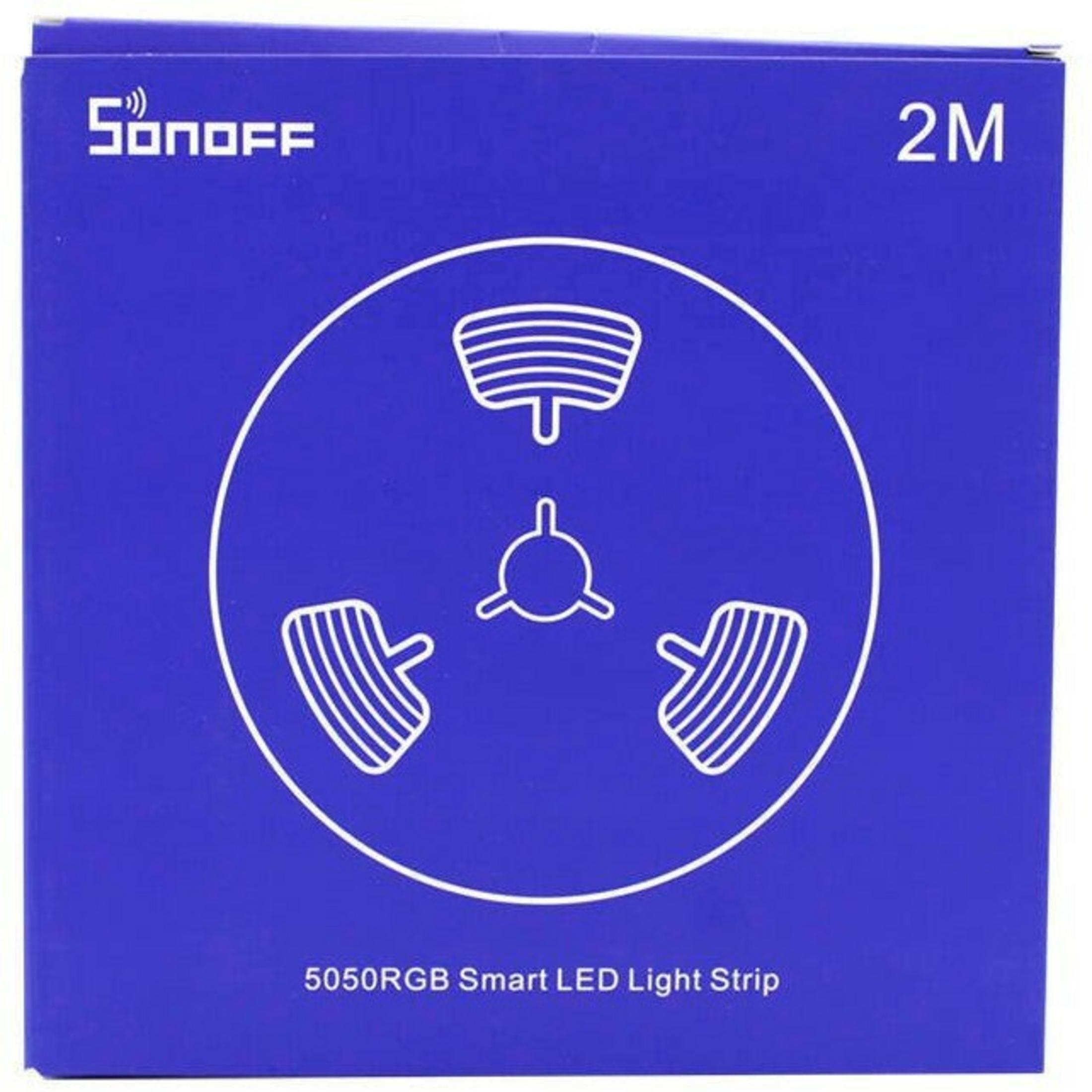 Una scatola blu con un design circolare bianco, il logo Sonoff e '2M'. Dice '5050RGB Smart LED Light Strip'.