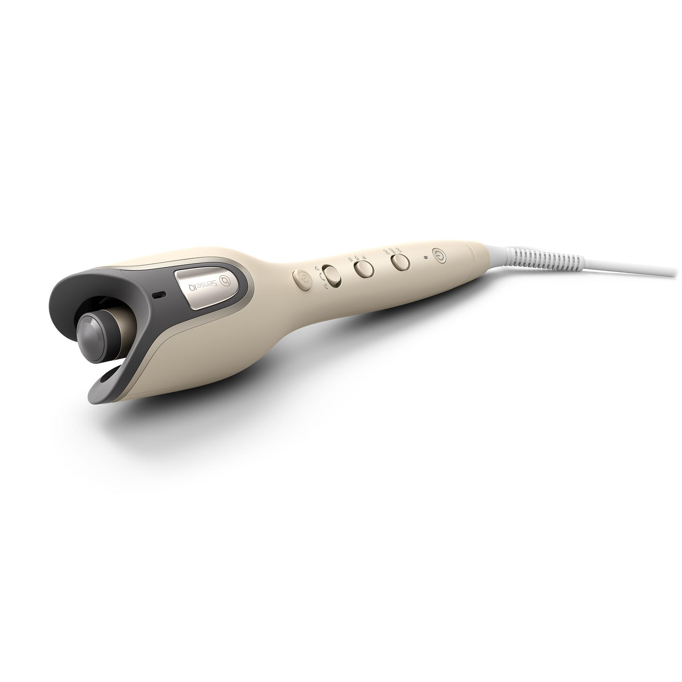 A beige curling iron with a black and gray design. It has buttons and a cord attached.