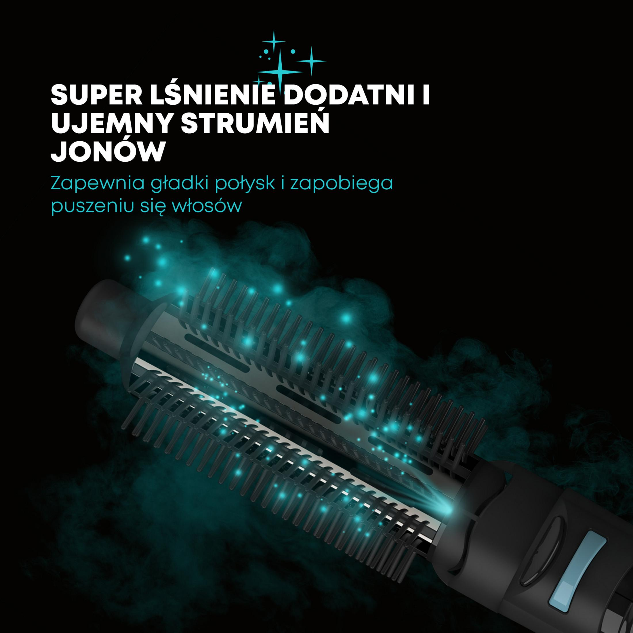 Nahaufnahme eines schwarzen Haarstyling-Tools. Polnischer Text beschreibt die Eigenschaften des Produkts.