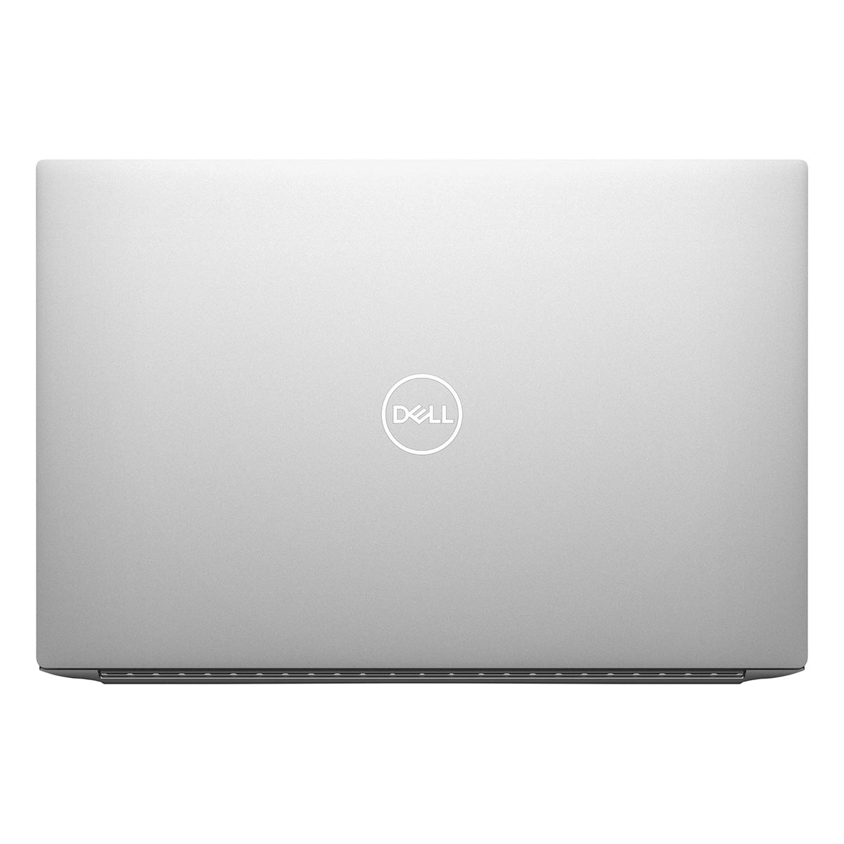 Zamknięty srebrny laptop Dell, widok z góry. Logo Dell jest wyśrodkowane na pokrywie. Powierzchnia jest gładka i odbijająca światło.
